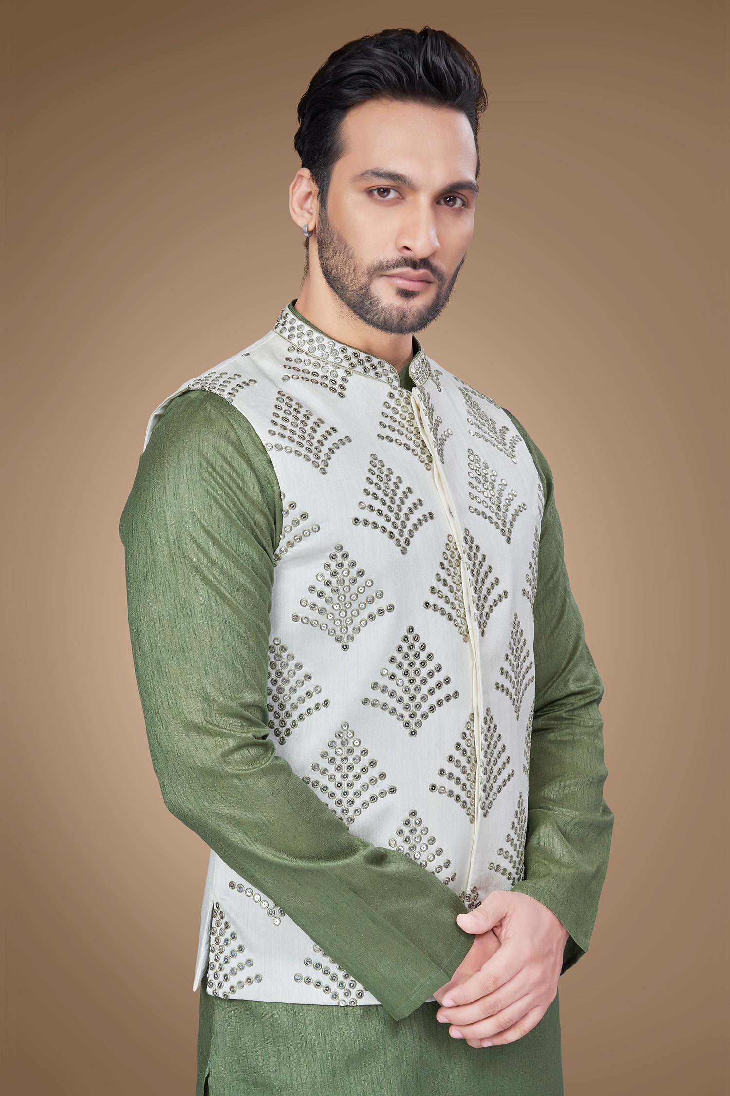 Olive Green Embroidered Jacket With Sequins Work