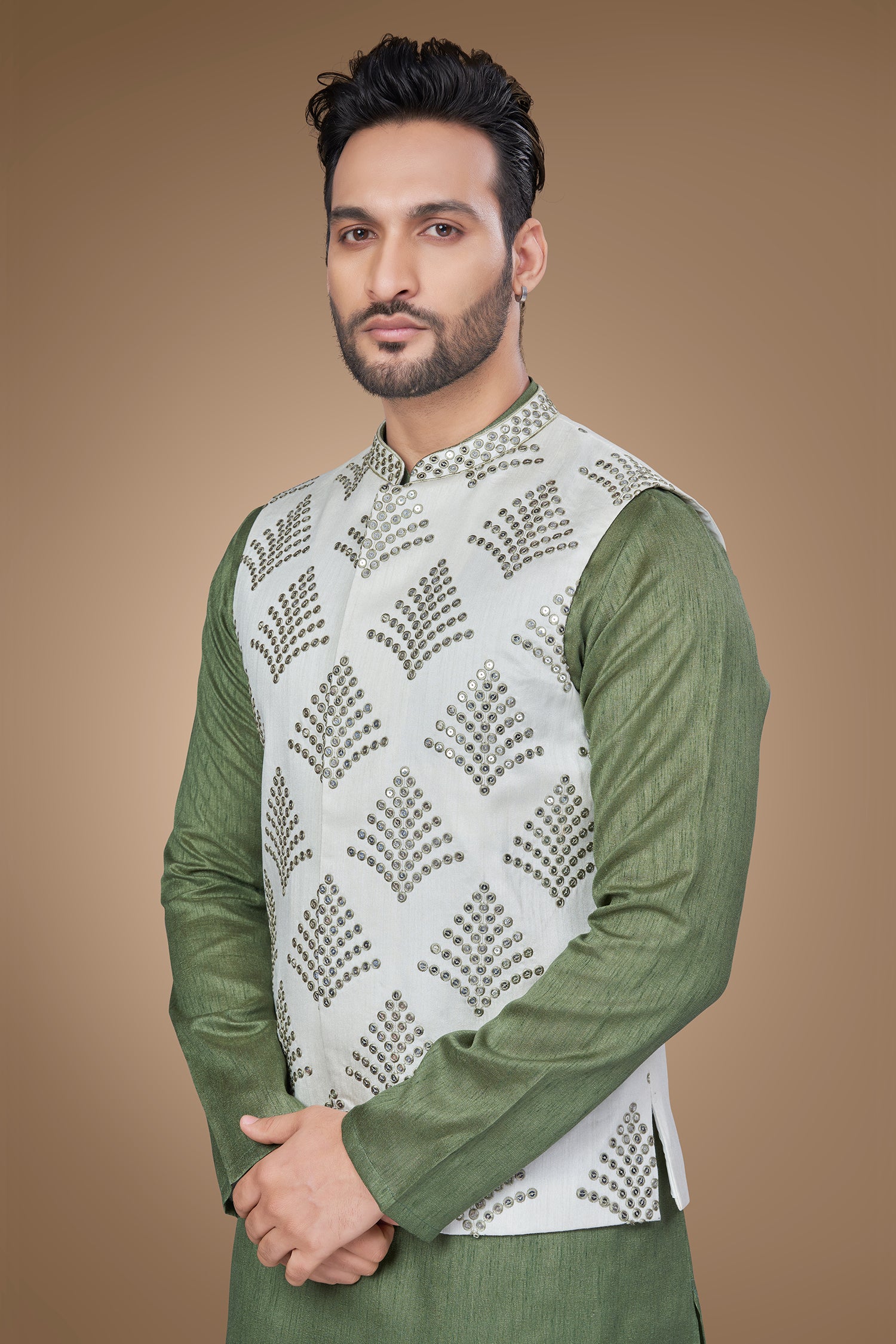 Olive Green Embroidered Jacket With Sequins Work