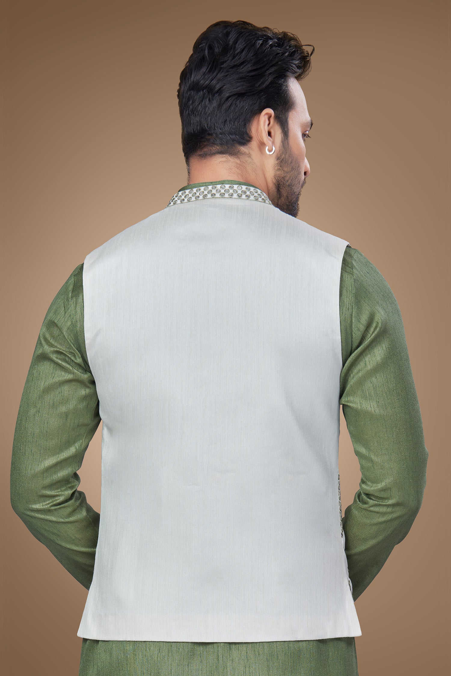 Olive Green Embroidered Jacket With Sequins Work