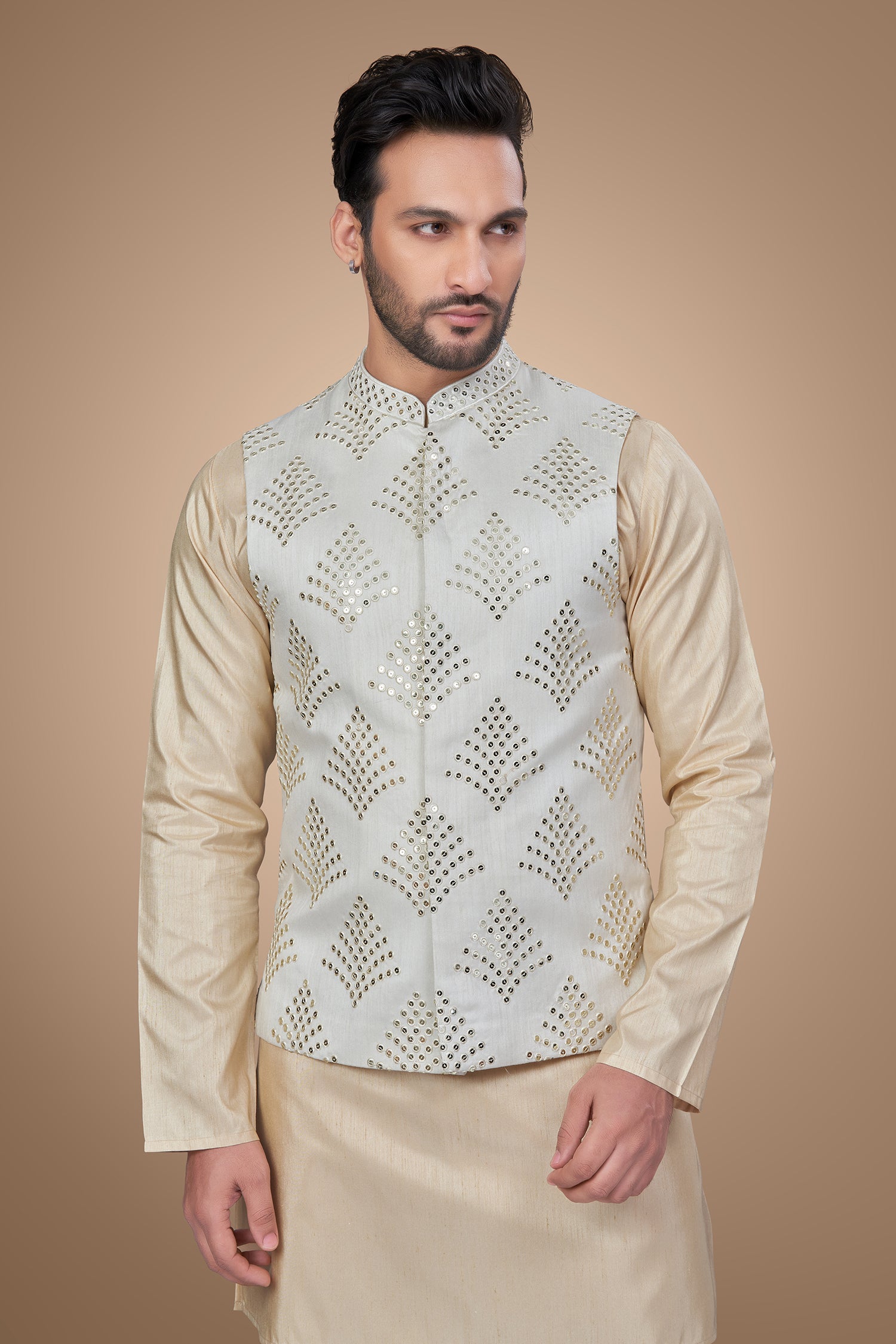 Cream Color Embroidered Jacket with Sequins Embellishments