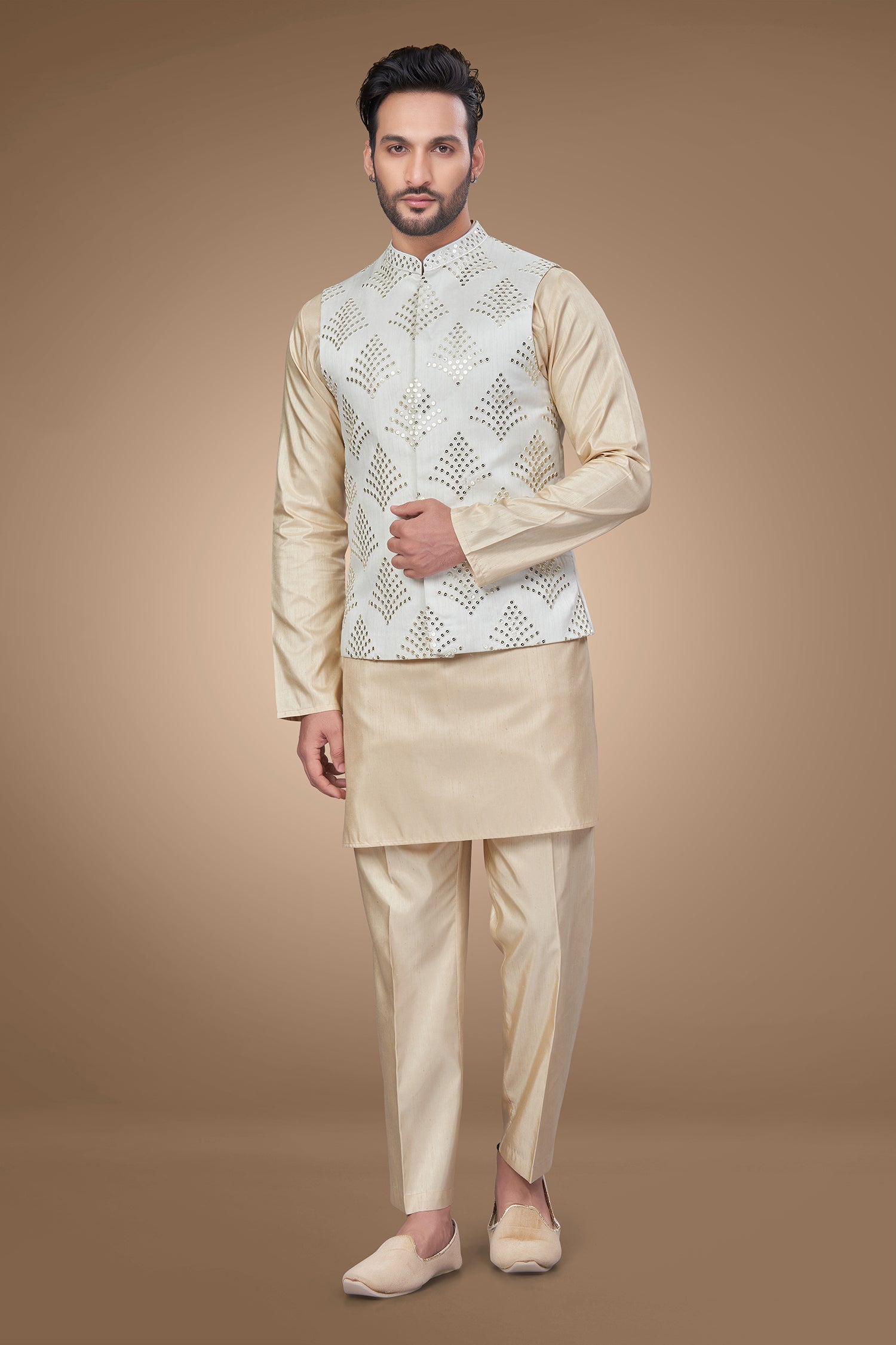 Cream Color Embroidered Jacket with Sequins Embellishments