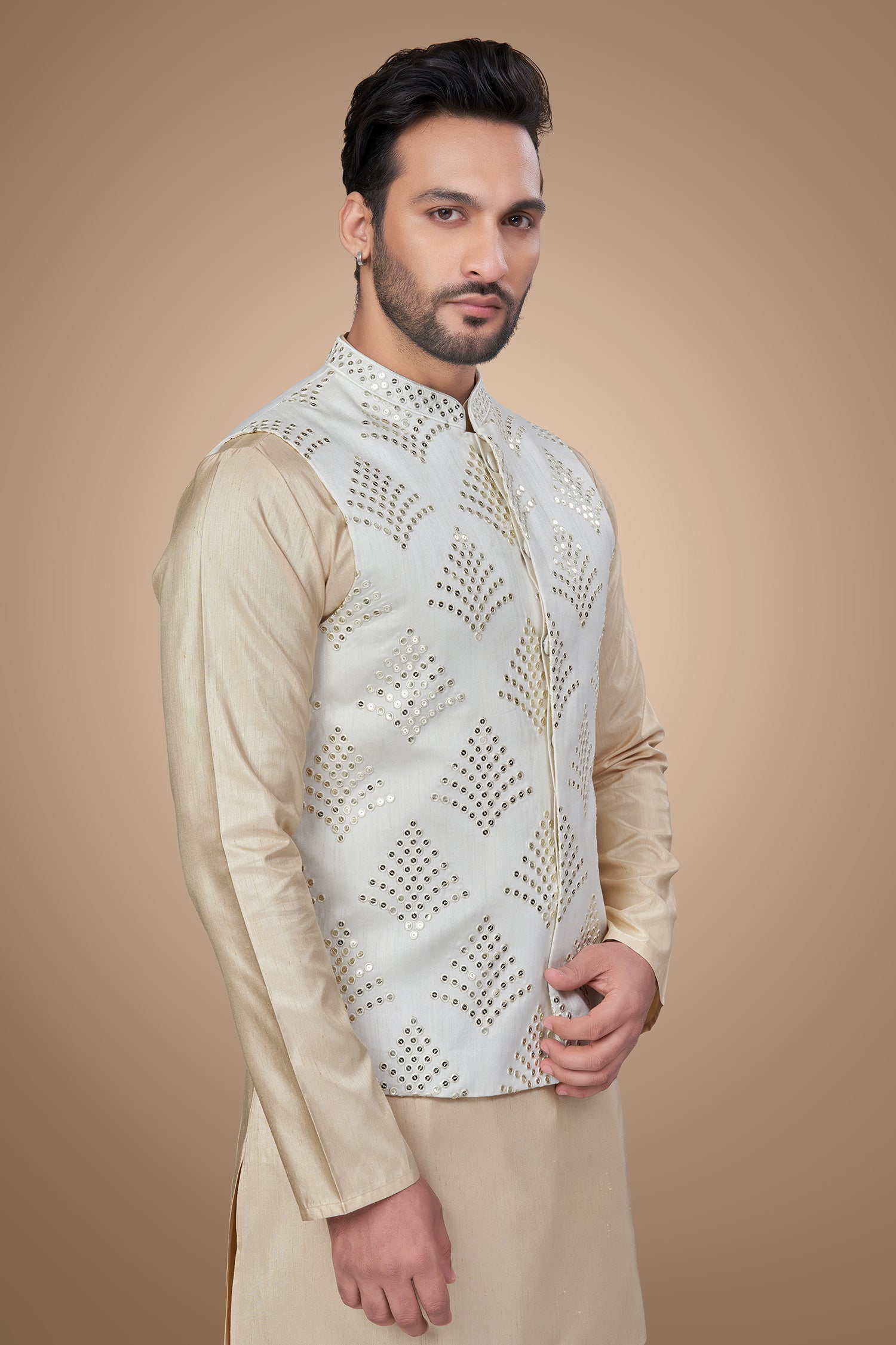 Cream Color Embroidered Jacket with Sequins Embellishments