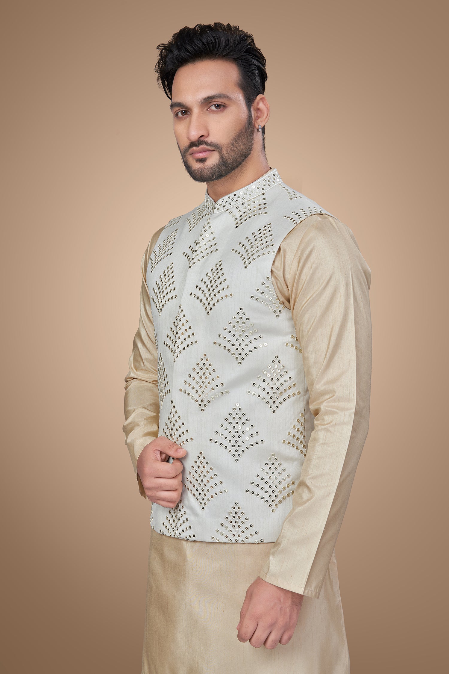 Cream Color Embroidered Jacket with Sequins Embellishments