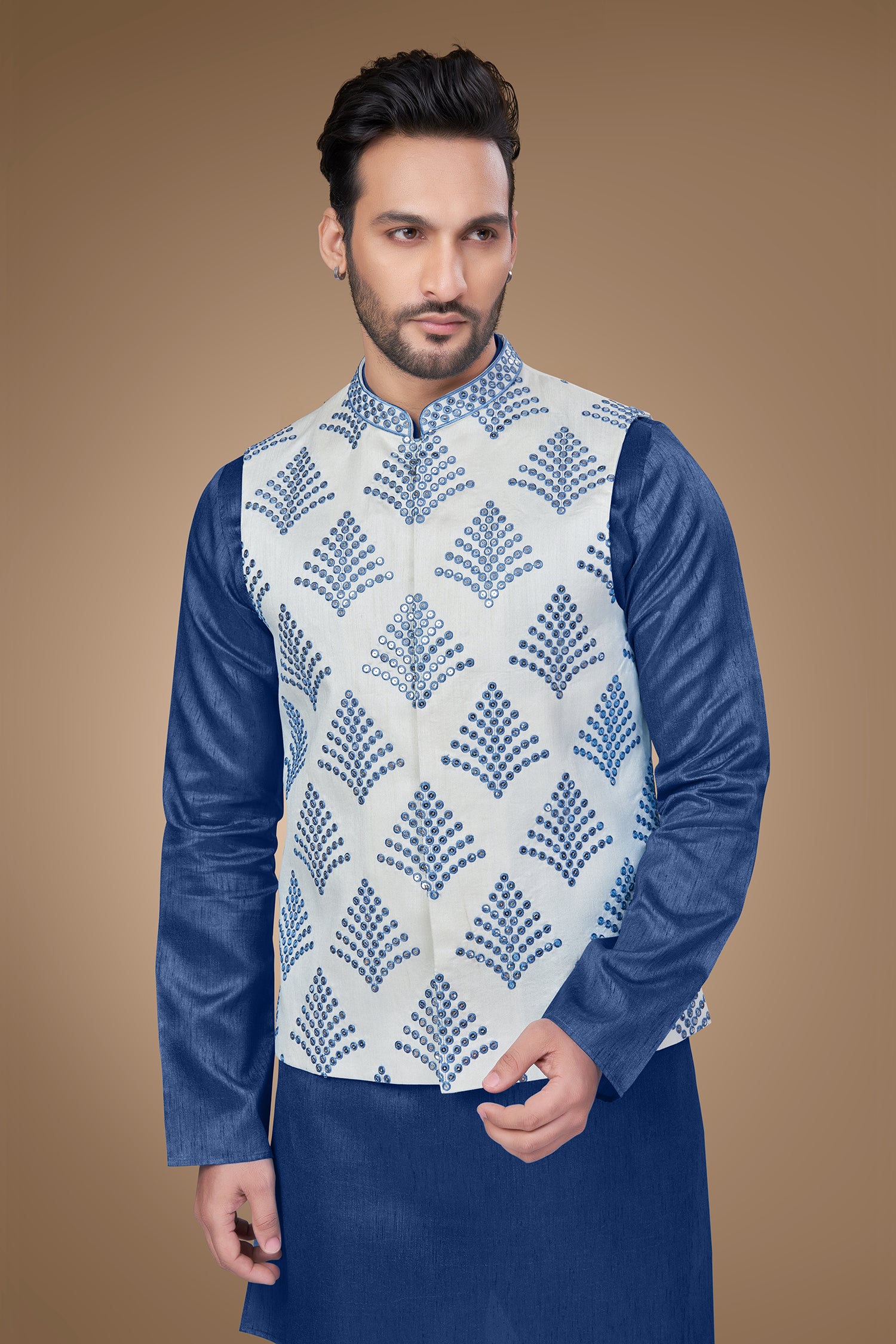 White Jacket with Blue Embroidery and Sequins Embellishments