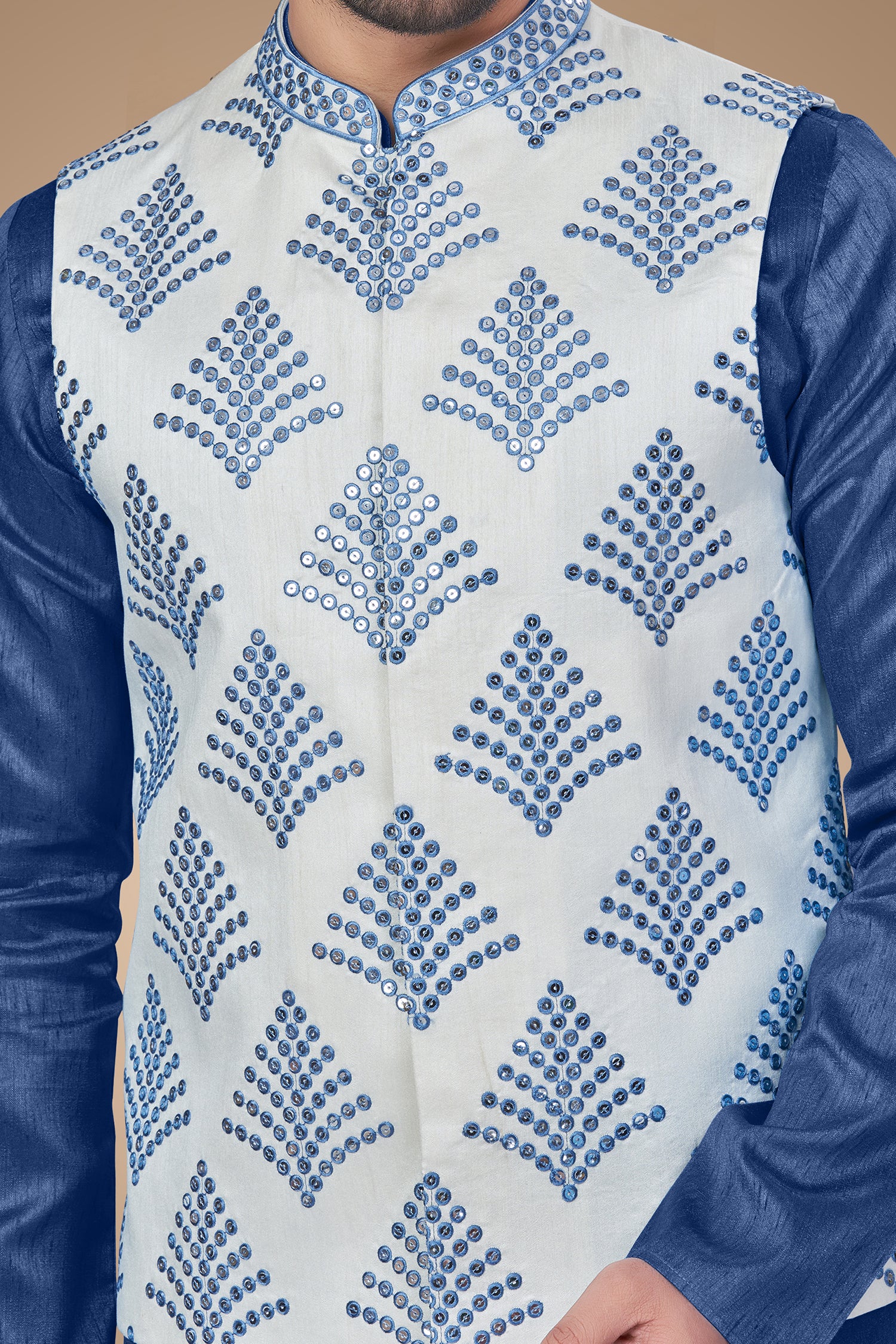 White Jacket with Blue Embroidery and Sequins Embellishments