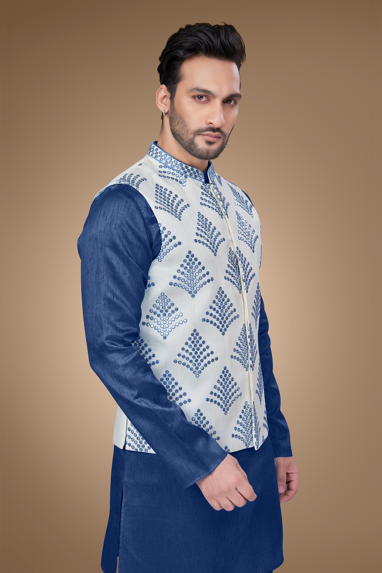 White Jacket with Blue Embroidery and Sequins Embellishments