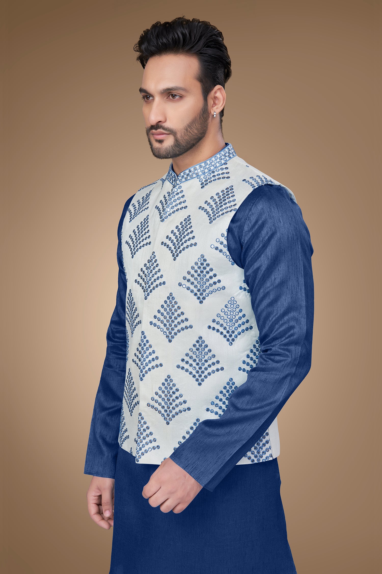 White Jacket with Blue Embroidery and Sequins Embellishments