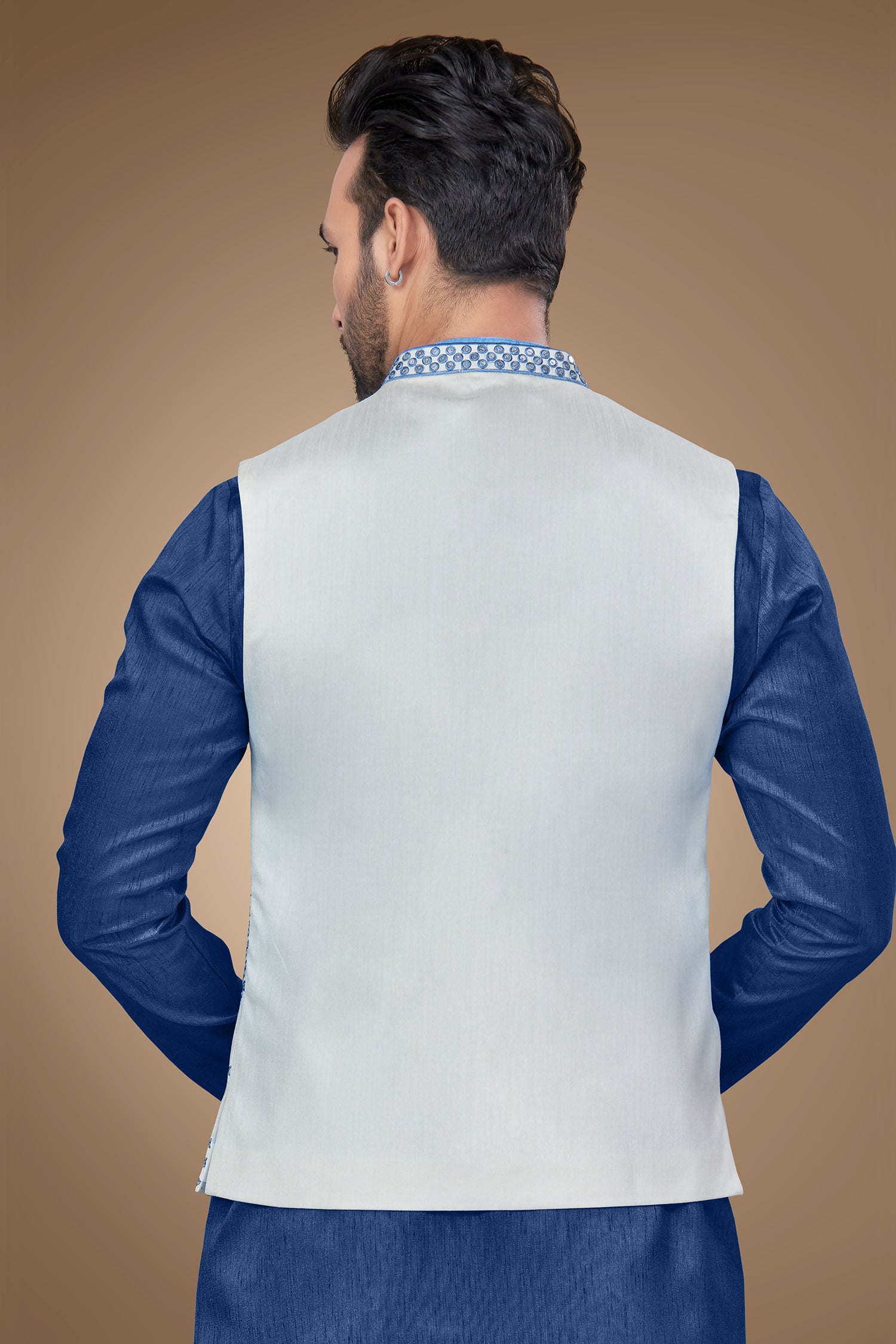 White Jacket with Blue Embroidery and Sequins Embellishments