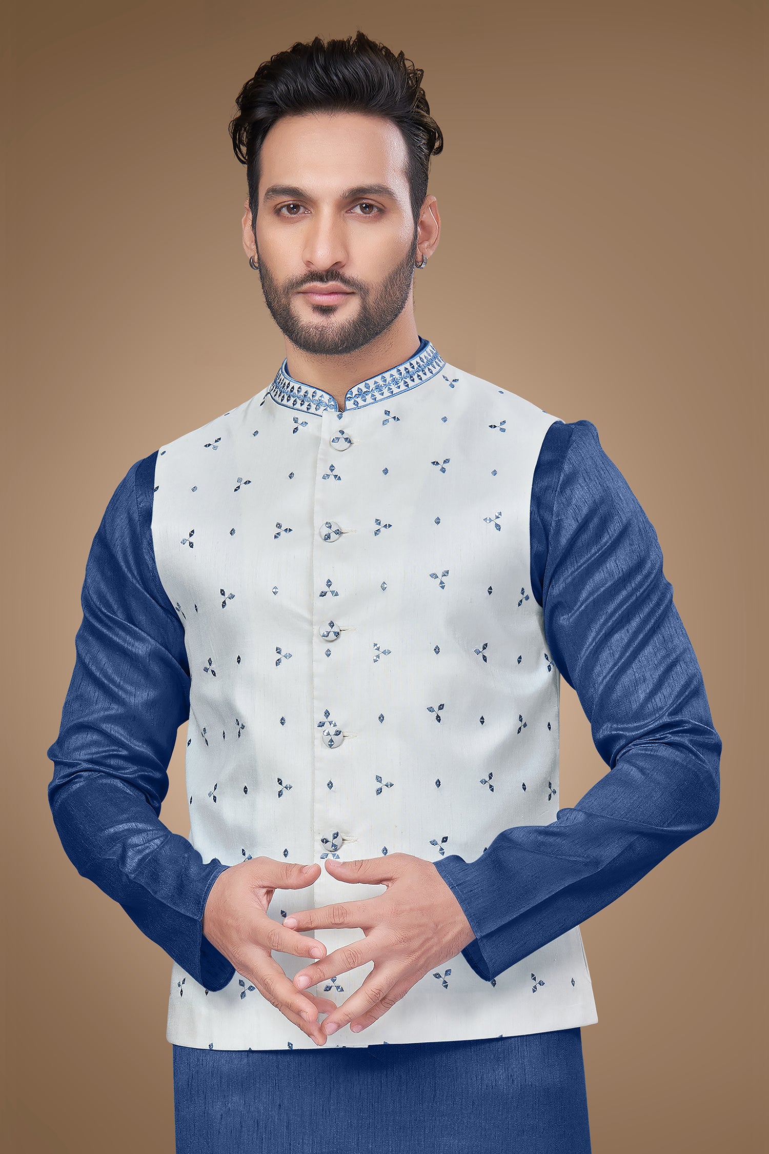 White Jacket with Blue Embroidery and Sequins Embellishments