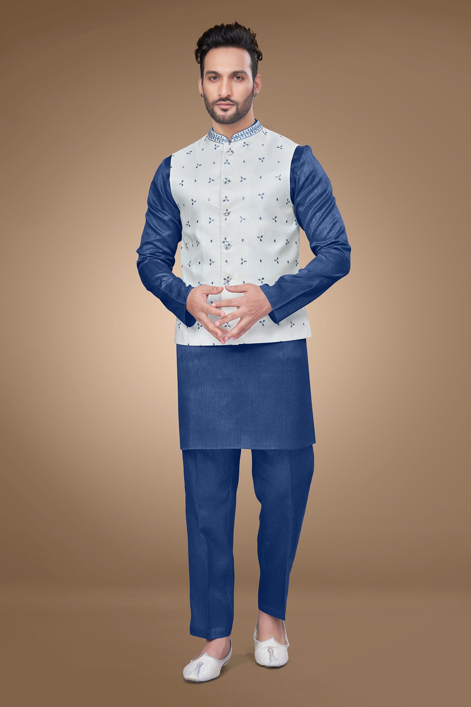 White Jacket with Blue Embroidery and Sequins Embellishments