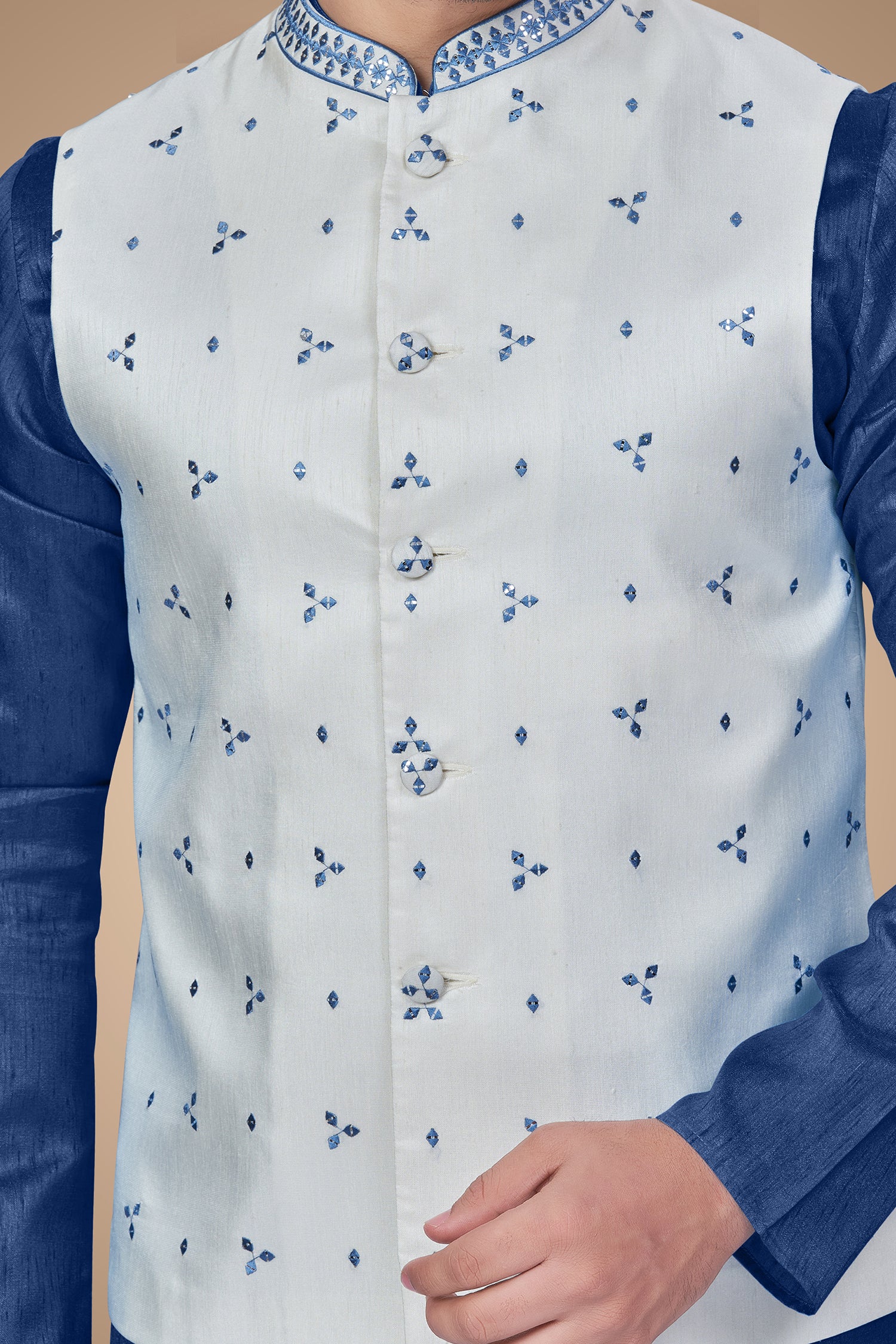 White Jacket with Blue Embroidery and Sequins Embellishments