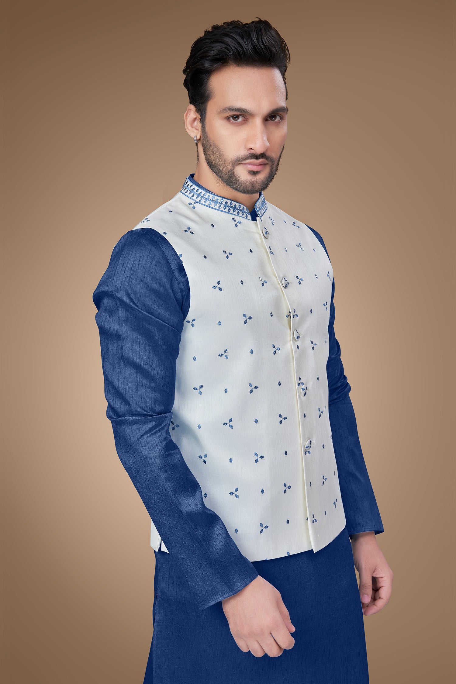 White Jacket with Blue Embroidery and Sequins Embellishments