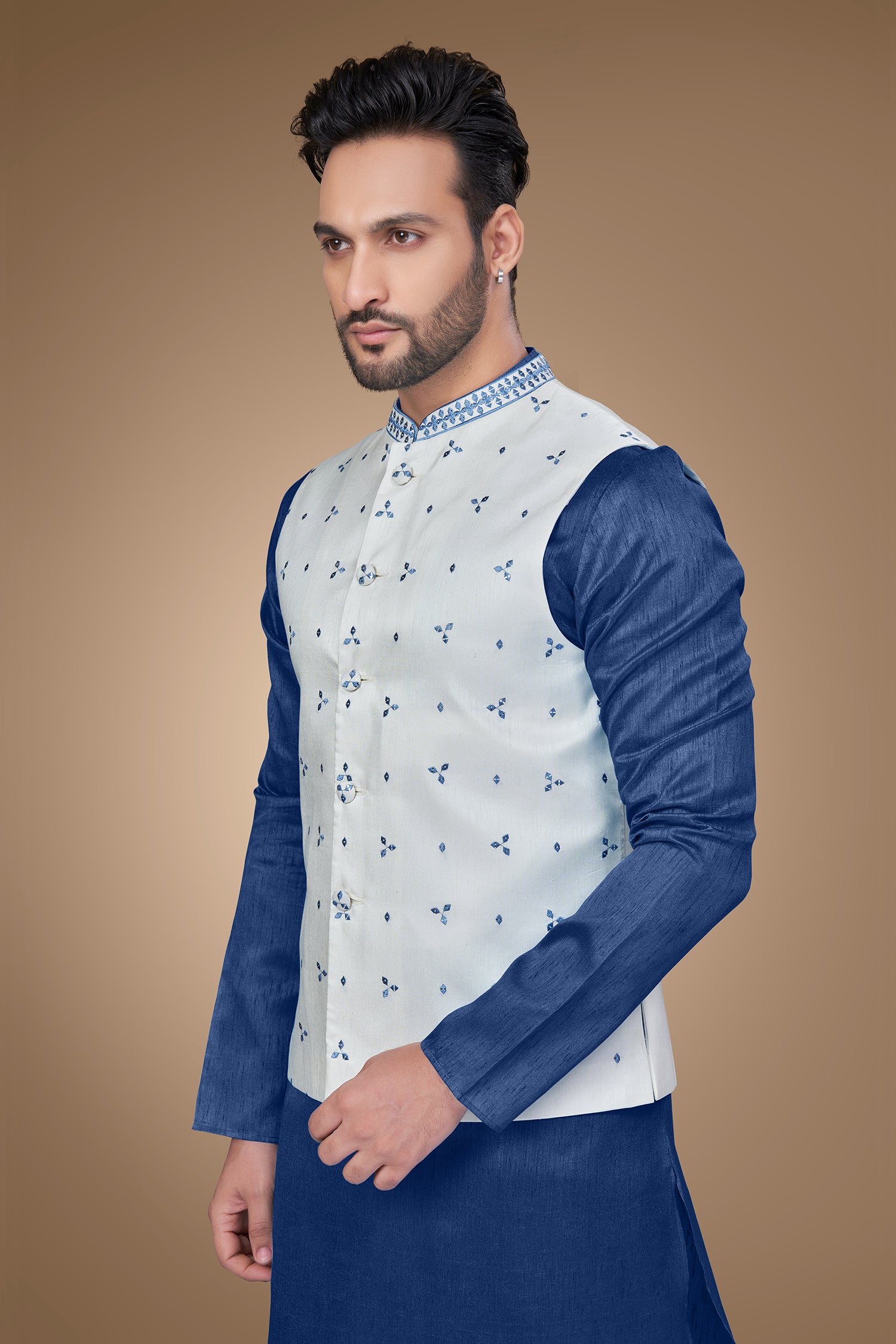 White Jacket with Blue Embroidery and Sequins Embellishments