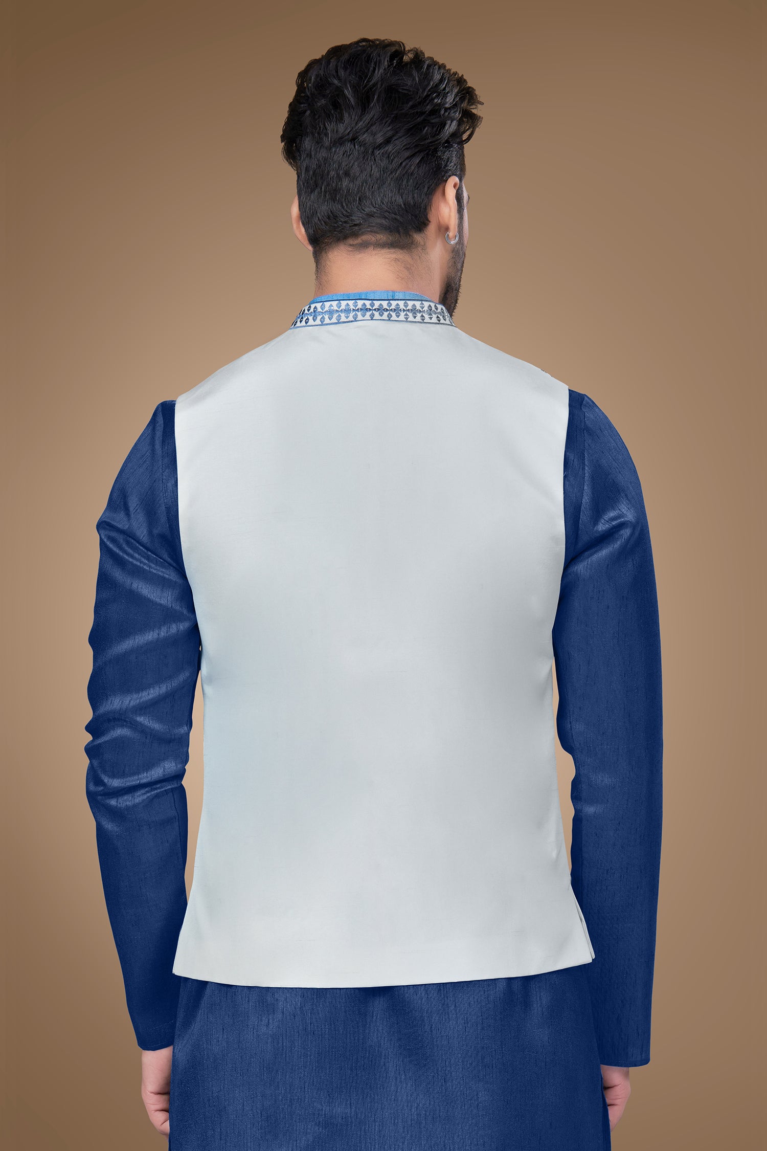 White Jacket with Blue Embroidery and Sequins Embellishments