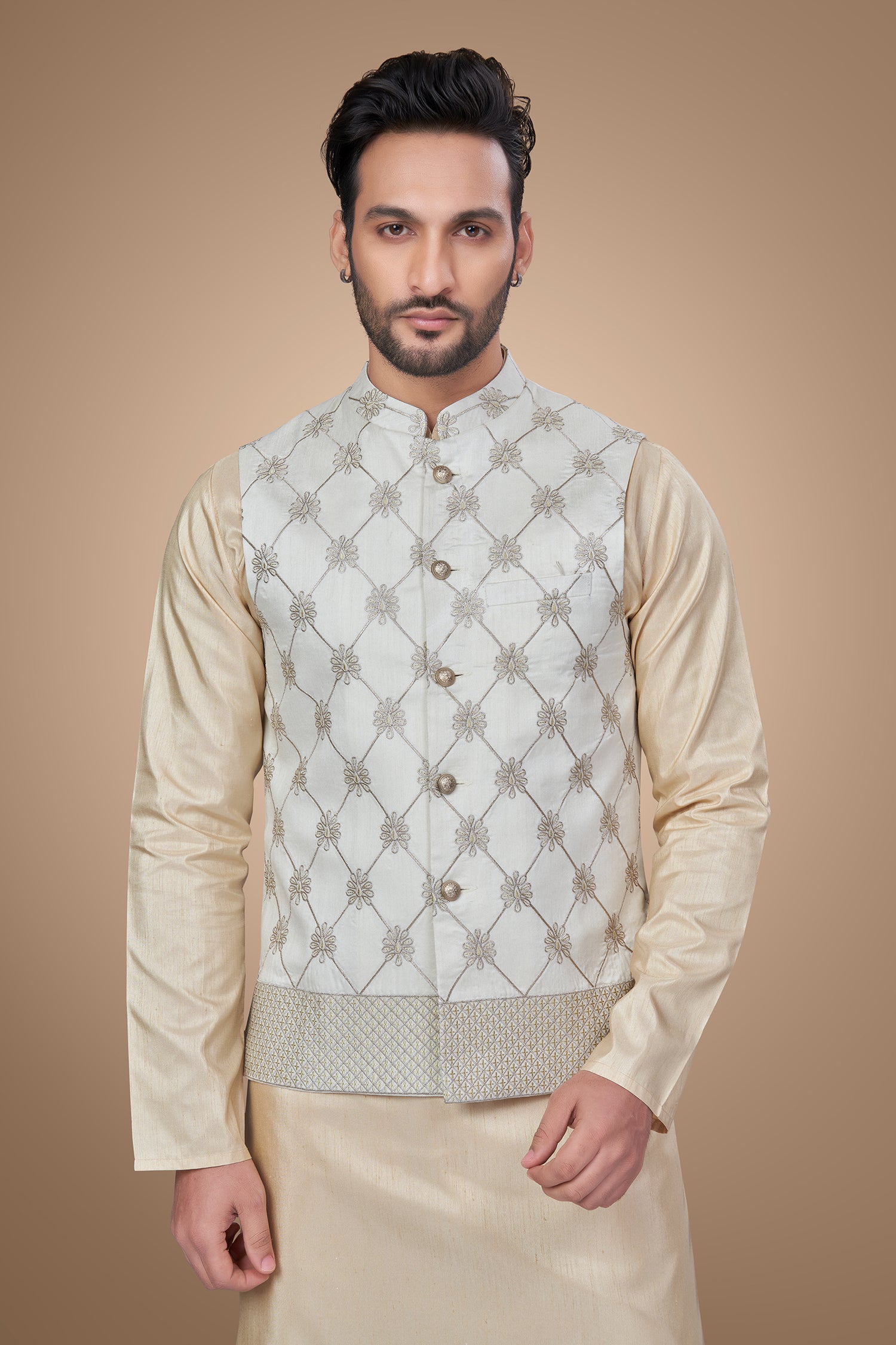 White Floral Jacket With Zari Embellishments