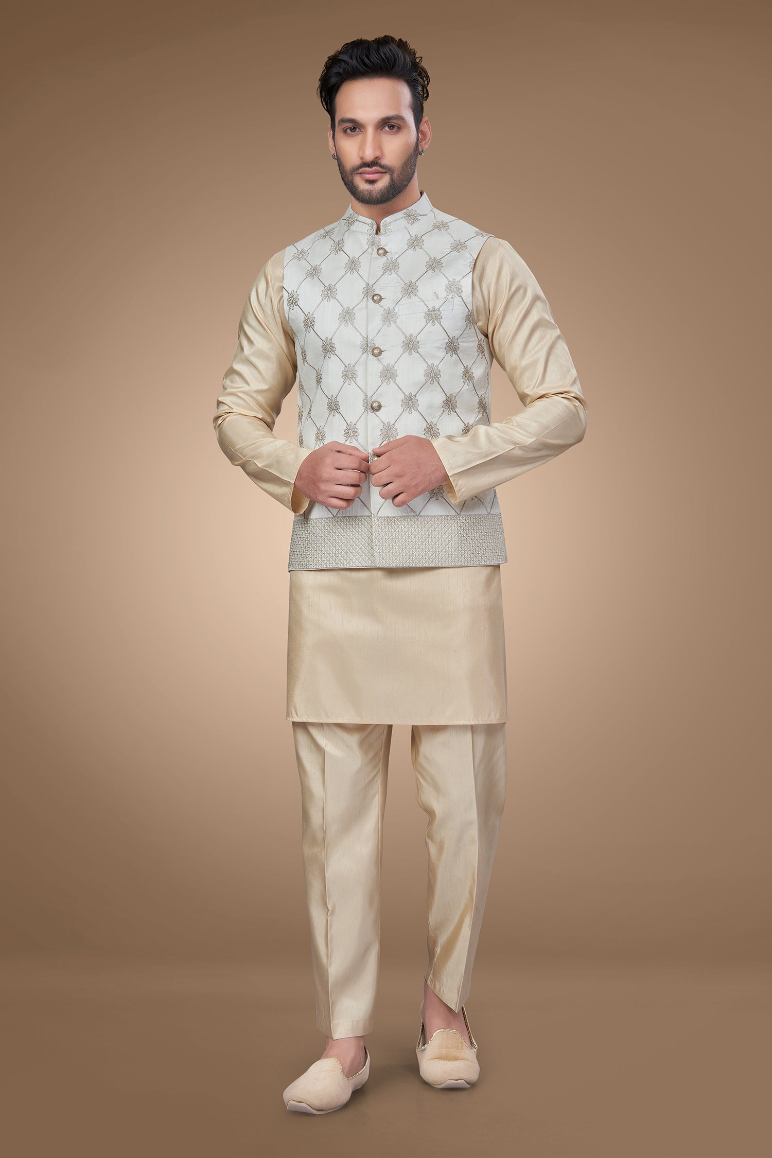 White Floral Jacket With Zari Embellishments