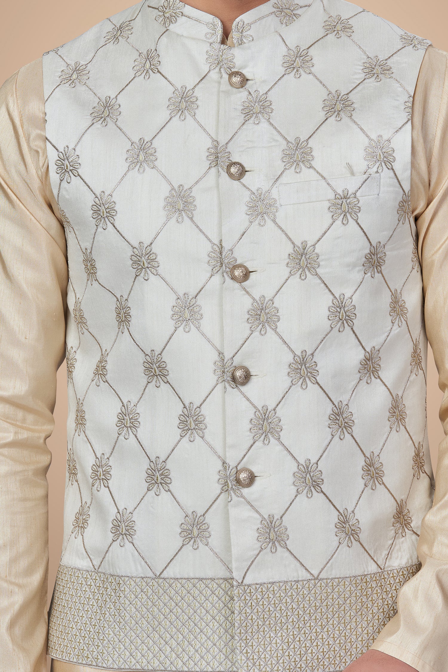 White Floral Jacket With Zari Embellishments