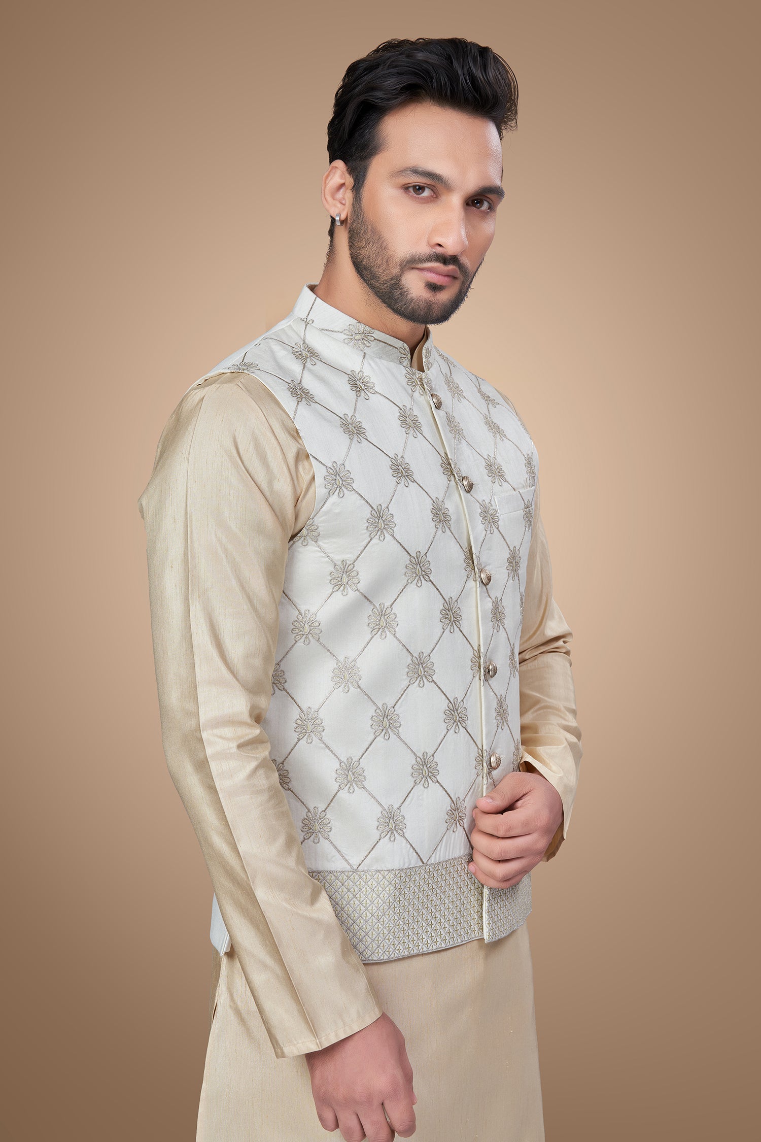 White Floral Jacket With Zari Embellishments