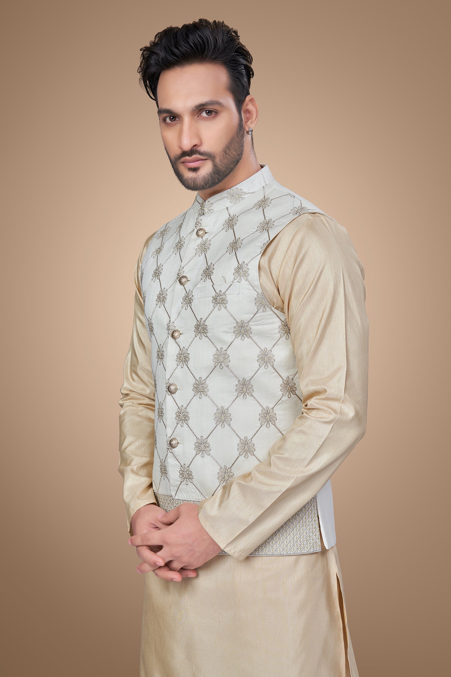 White Floral Jacket With Zari Embellishments