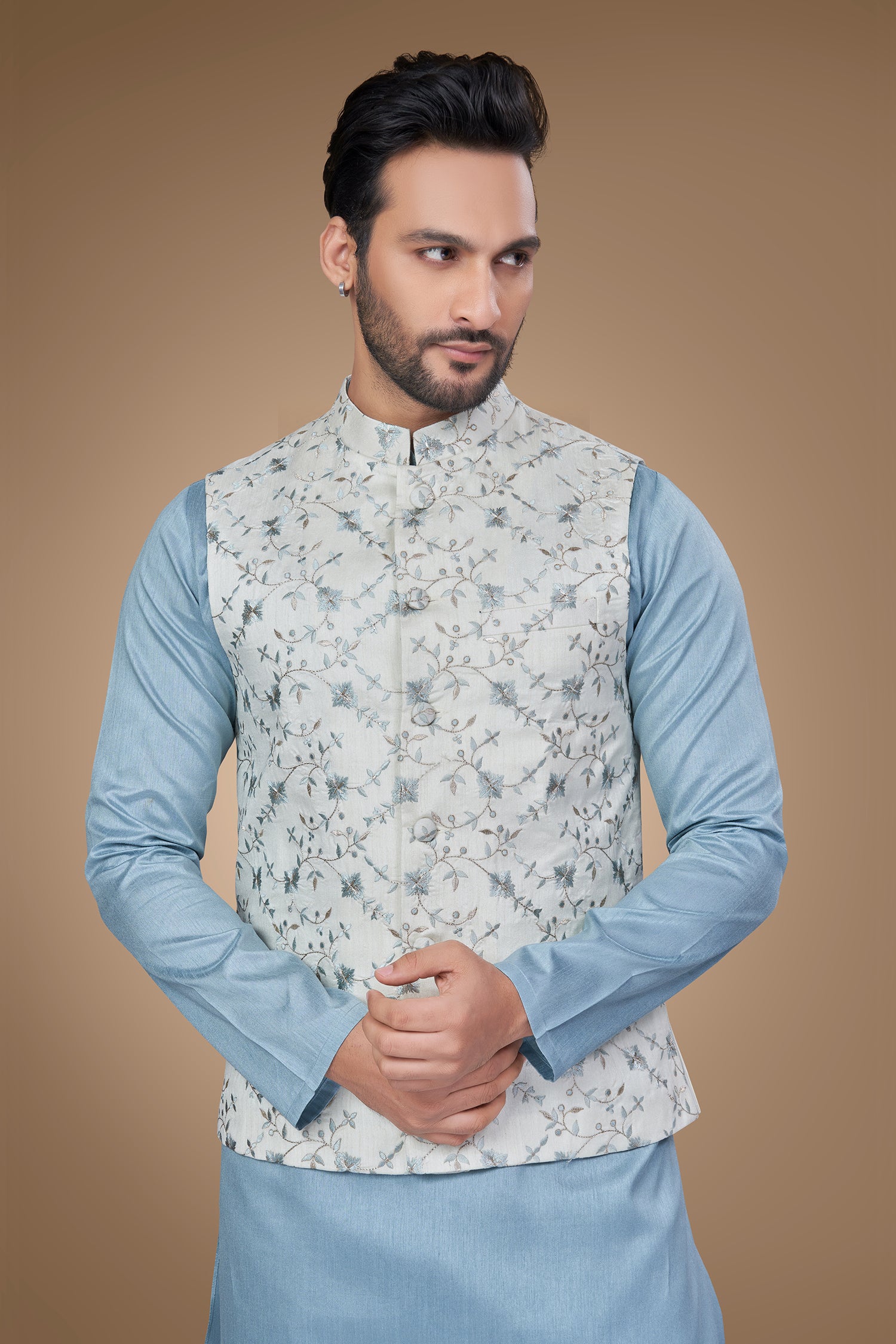 White Jacket with Blue Embroidery and Zari Embellishments