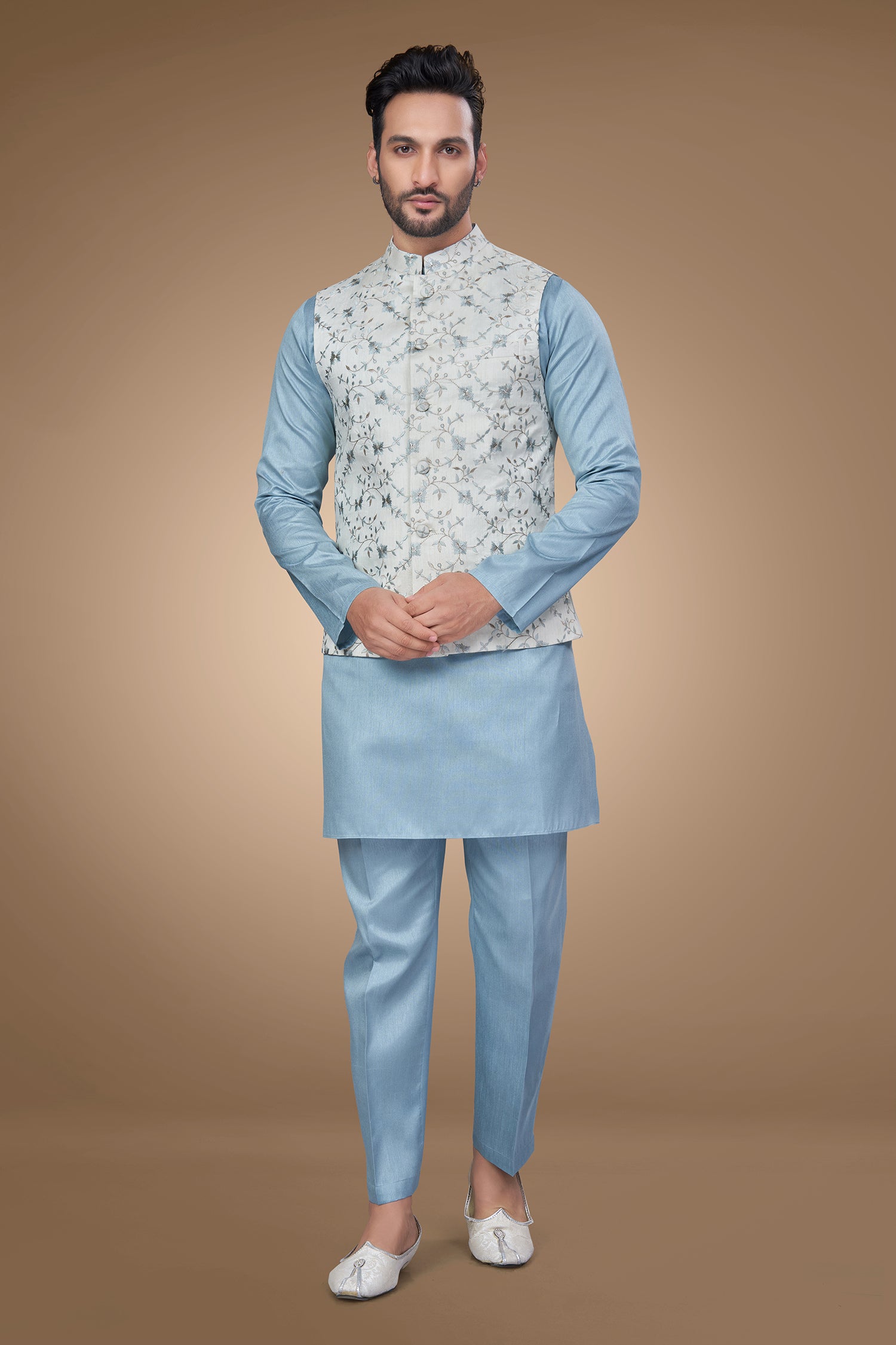 White Jacket with Blue Embroidery and Zari Embellishments