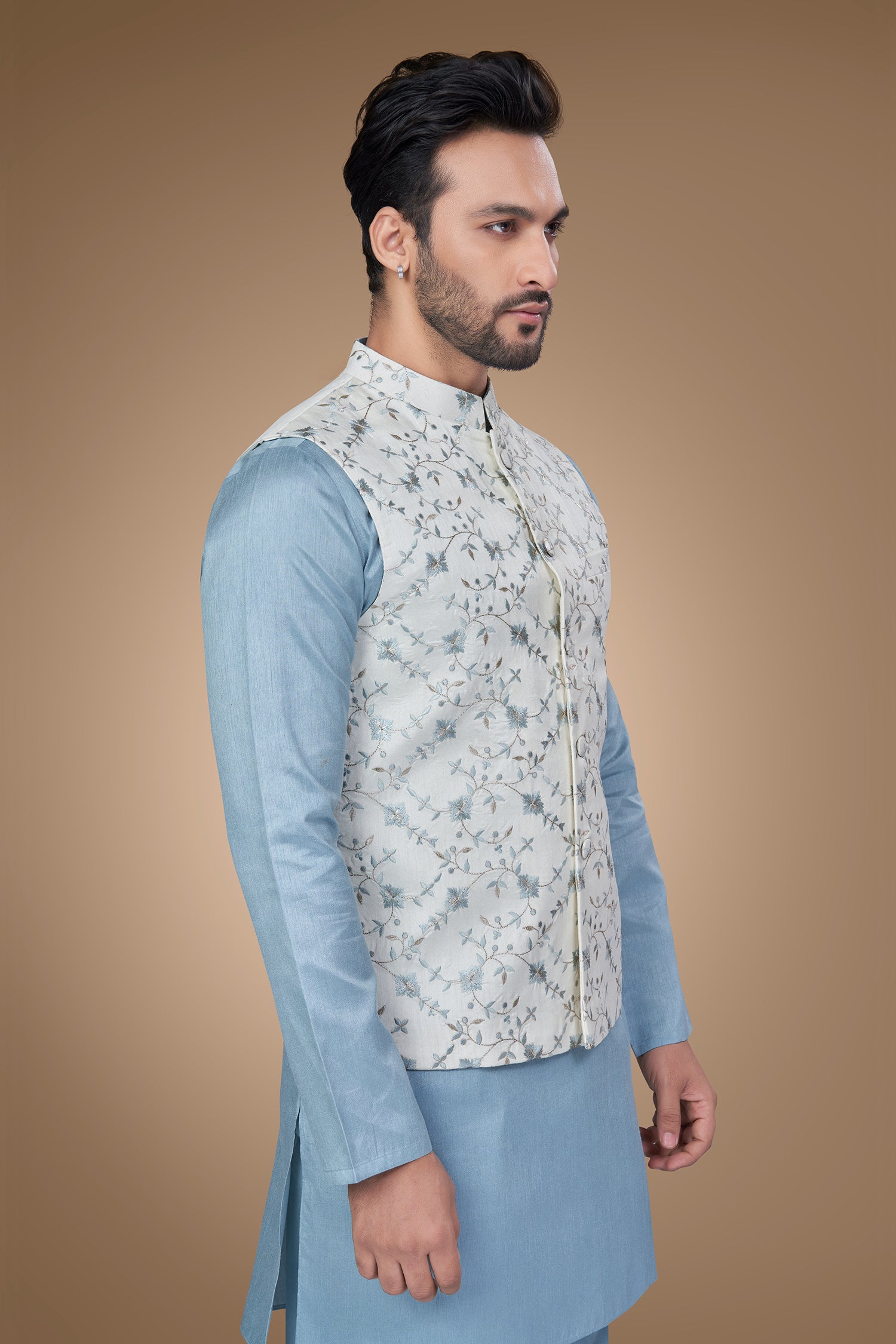 White Jacket with Blue Embroidery and Zari Embellishments