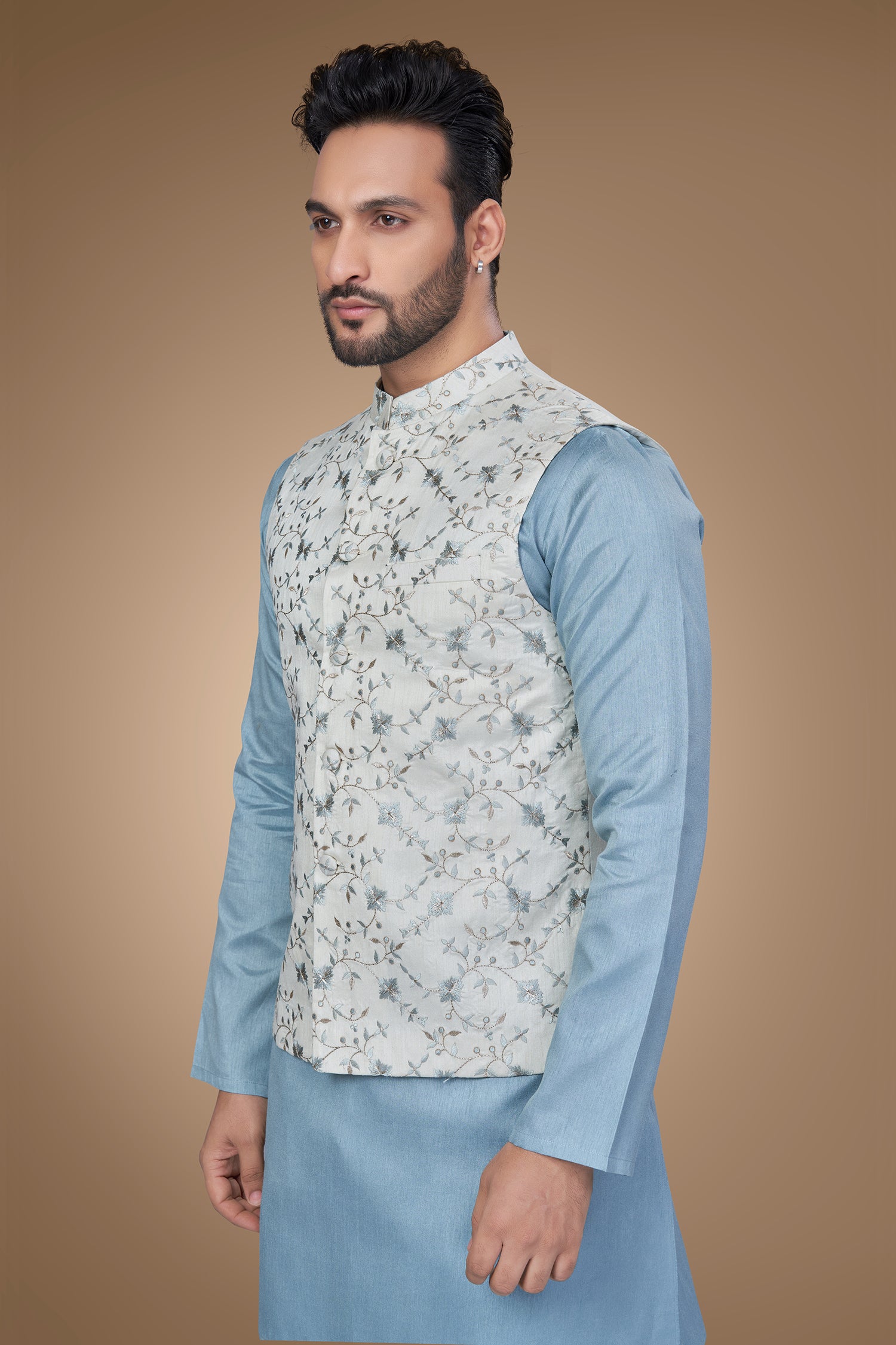 White Jacket with Blue Embroidery and Zari Embellishments