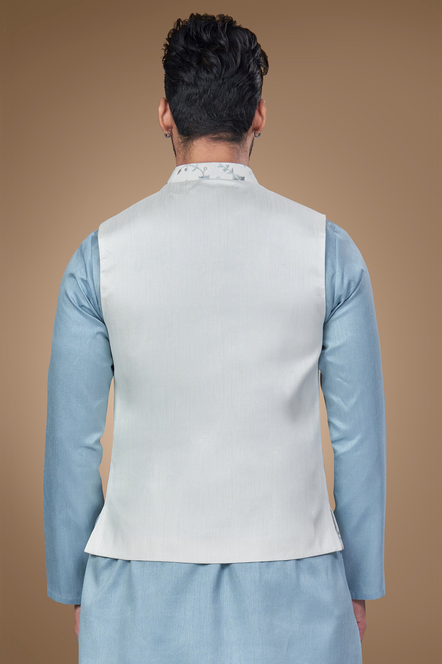 White Jacket with Blue Embroidery and Zari Embellishments