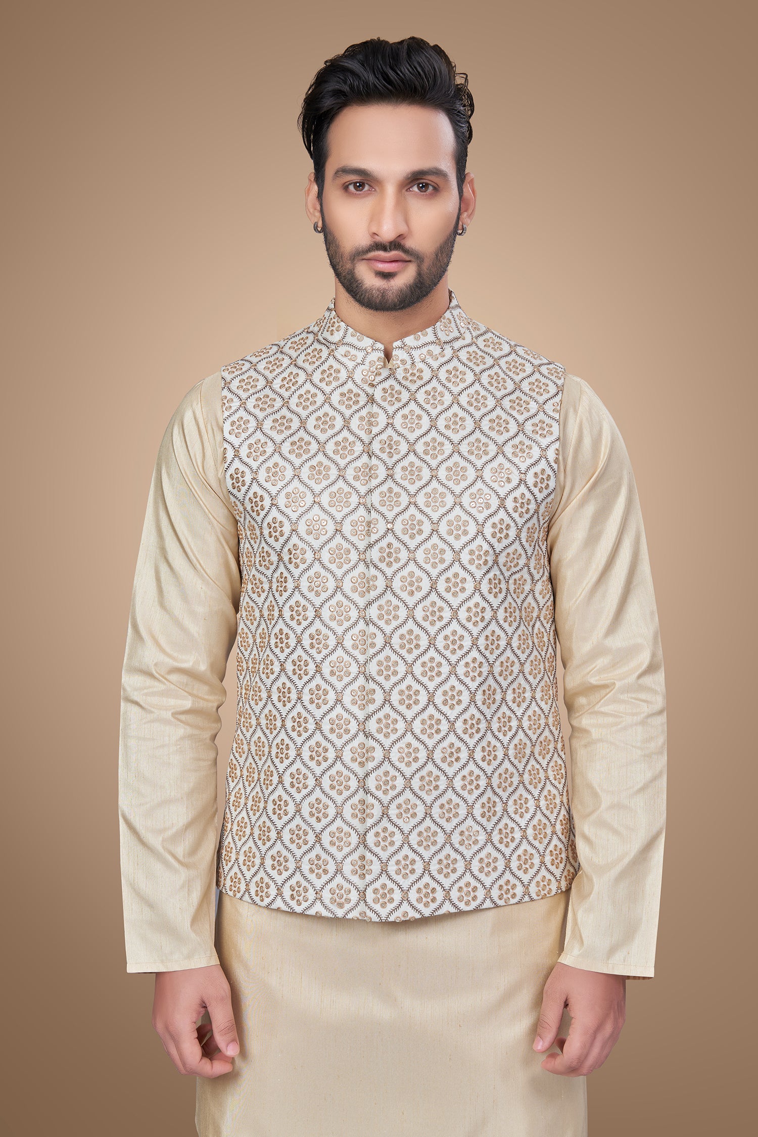 White Embroidered Jacket With Oval Shape Motifs