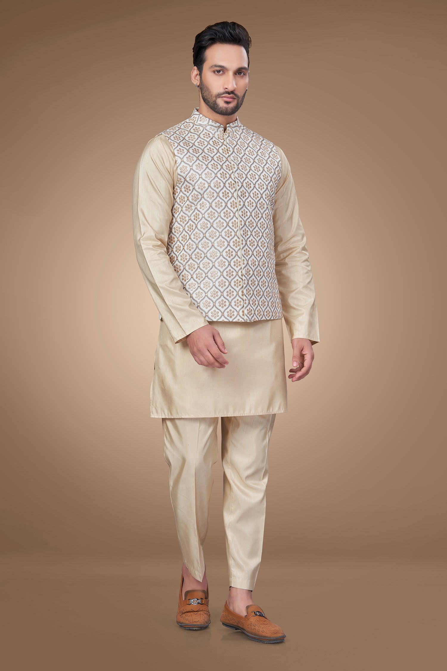 White Embroidered Jacket With Oval Shape Motifs