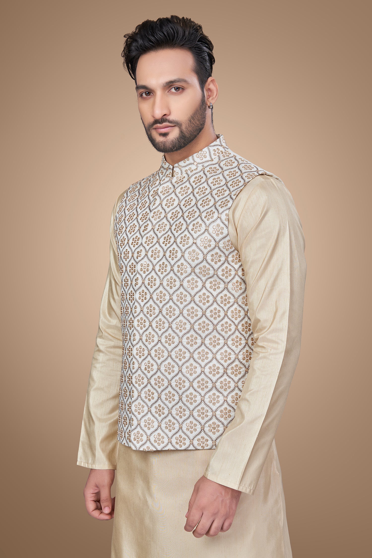 White Embroidered Jacket With Oval Shape Motifs