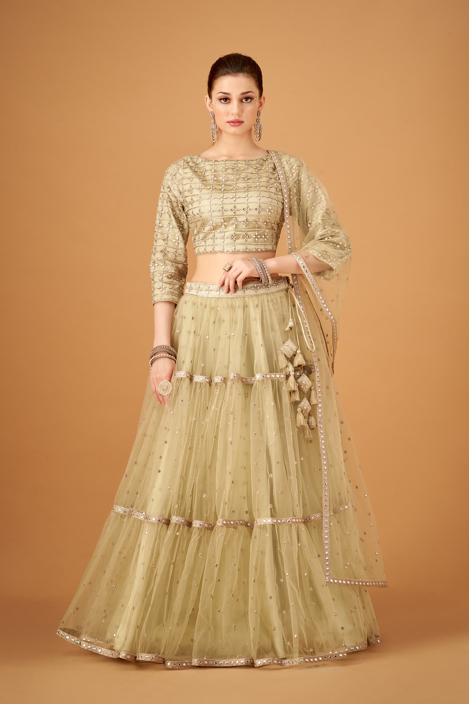 Olive Skirt And Embroidered Top With Silver Foil Embellishments