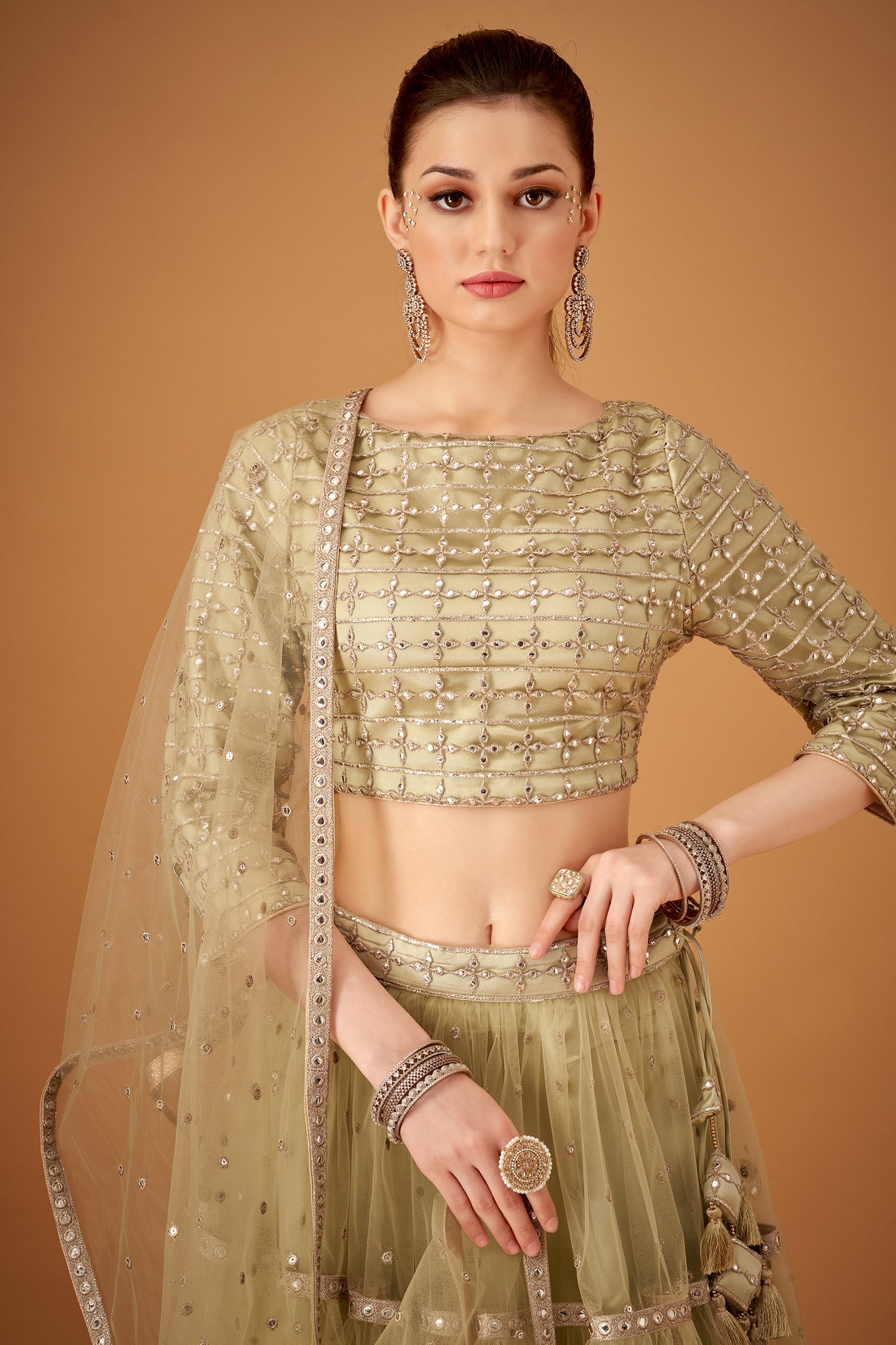 Olive Skirt And Embroidered Top With Silver Foil Embellishments