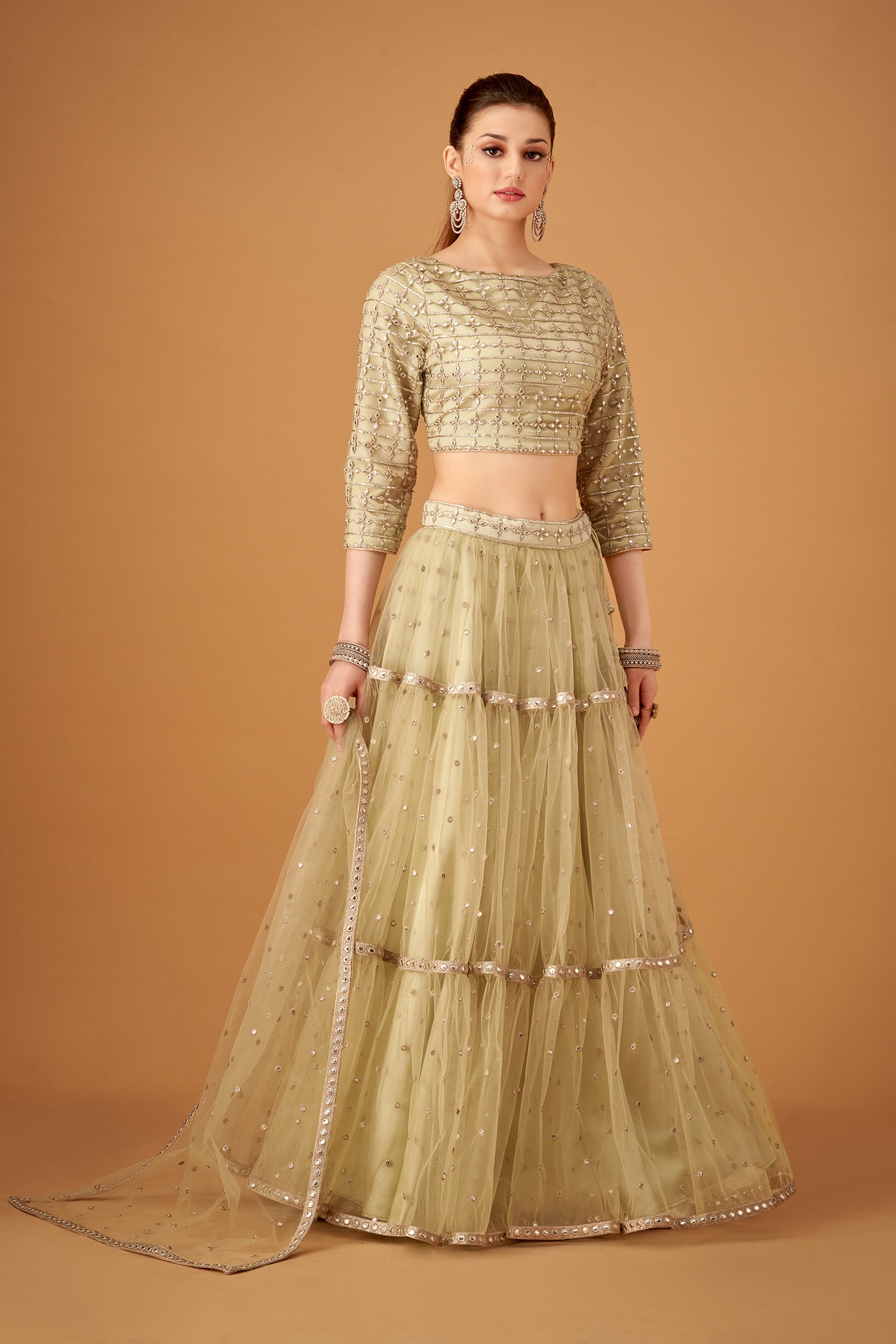 Olive Skirt And Embroidered Top With Silver Foil Embellishments
