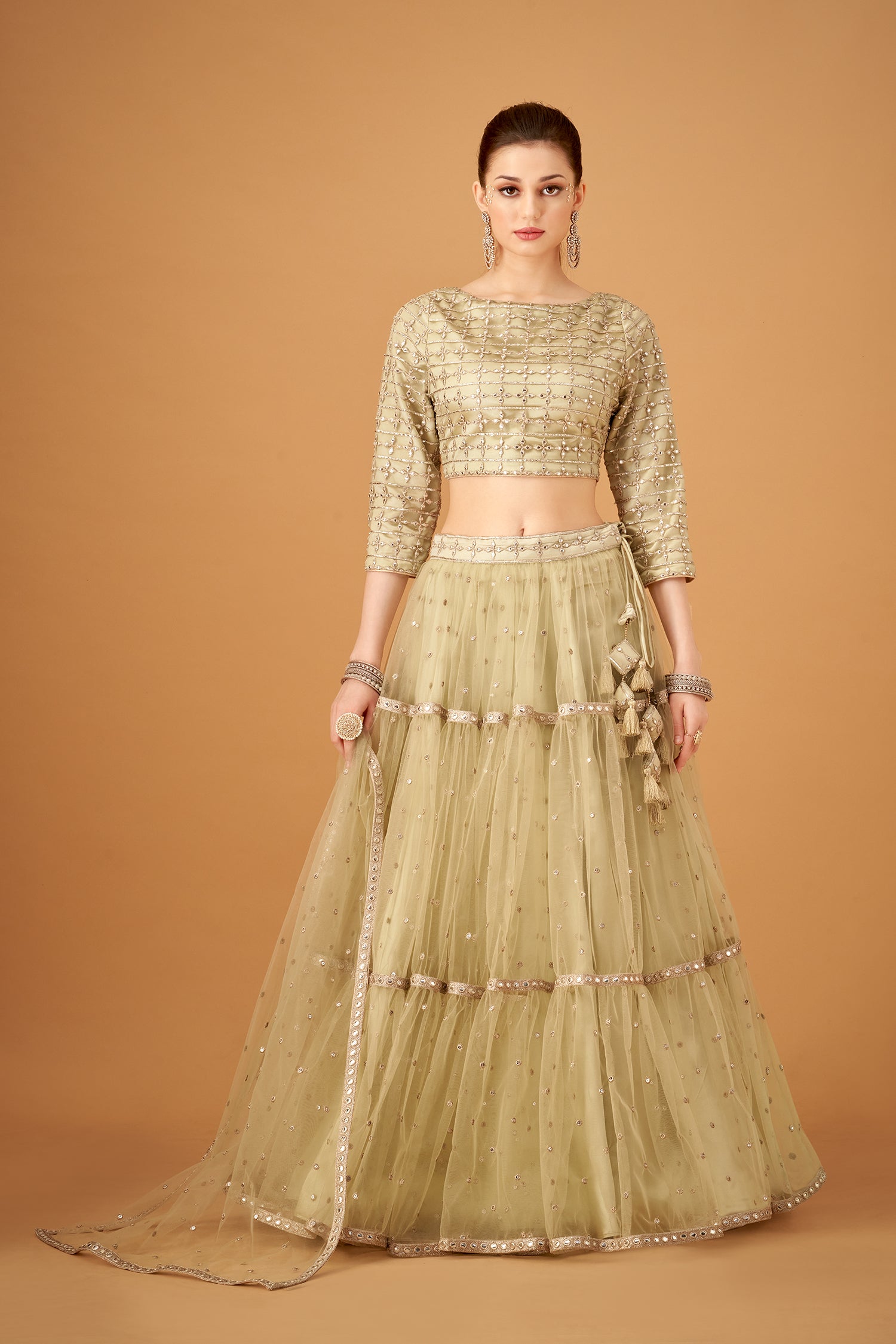 Olive Skirt And Embroidered Top With Silver Foil Embellishments