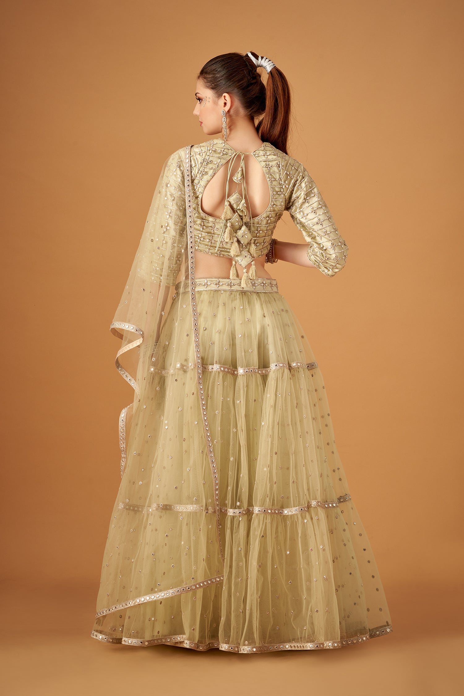 Olive Skirt And Embroidered Top With Silver Foil Embellishments