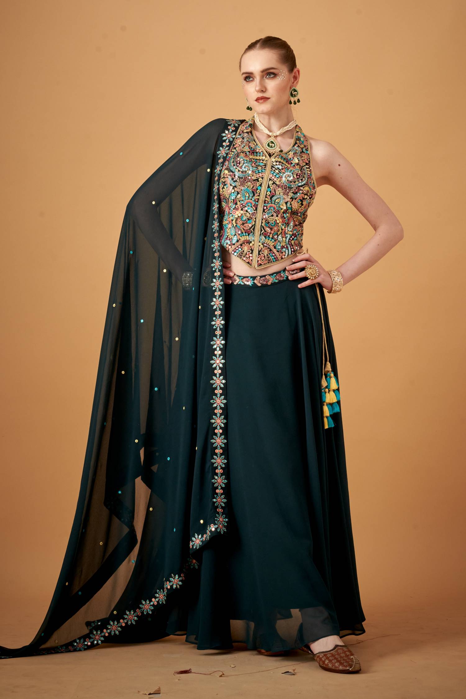 Bottle Green Georgette Multicolored Embroidered Top With Umbrella Skirt