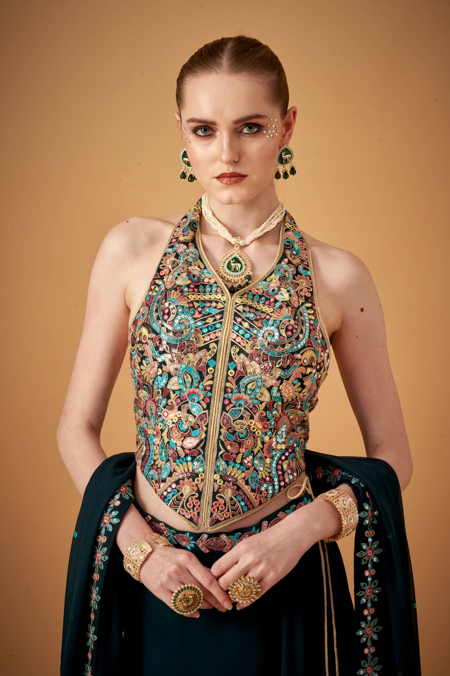 Bottle Green Georgette Multicolored Embroidered Top With Umbrella Skirt