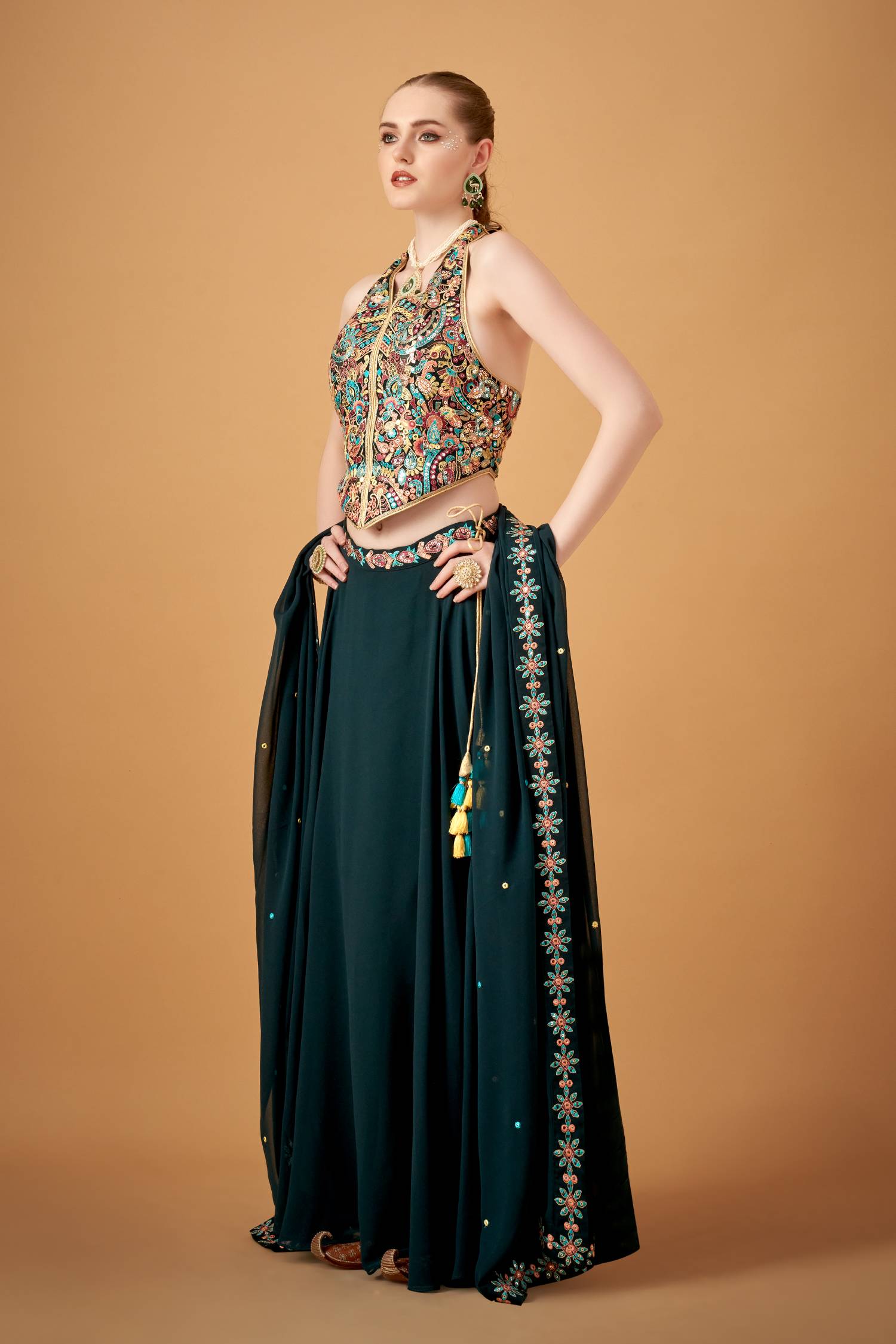 Bottle Green Georgette Multicolored Embroidered Top With Umbrella Skirt