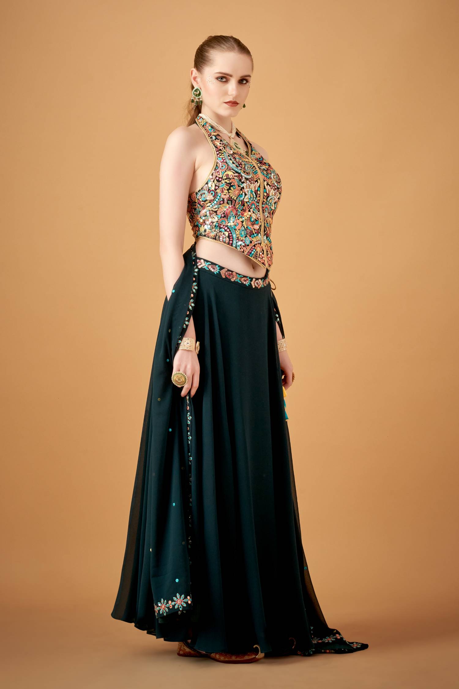 Bottle Green Georgette Multicolored Embroidered Top With Umbrella Skirt