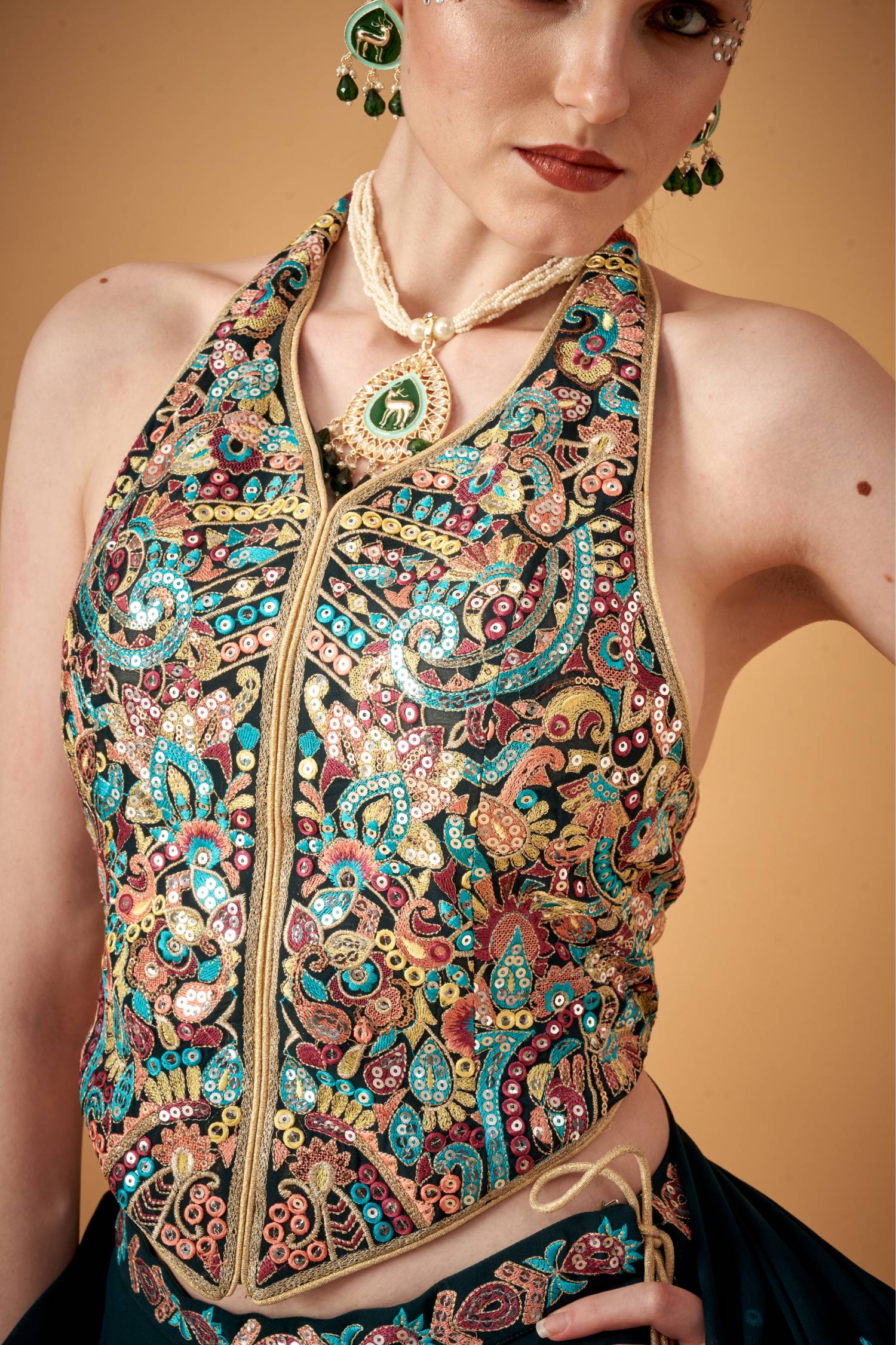 Bottle Green Georgette Multicolored Embroidered Top With Umbrella Skirt