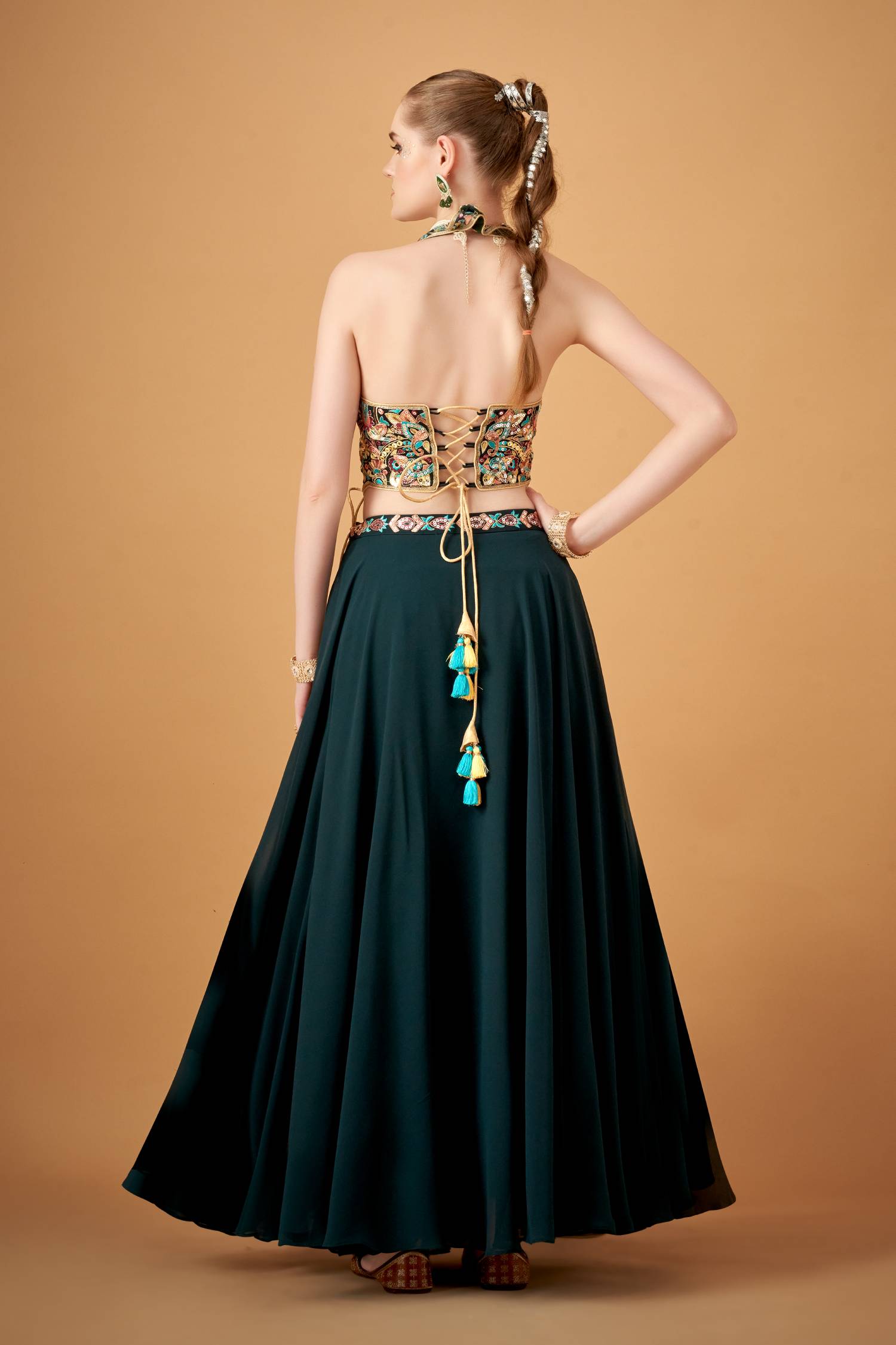 Bottle Green Georgette Multicolored Embroidered Top With Umbrella Skirt