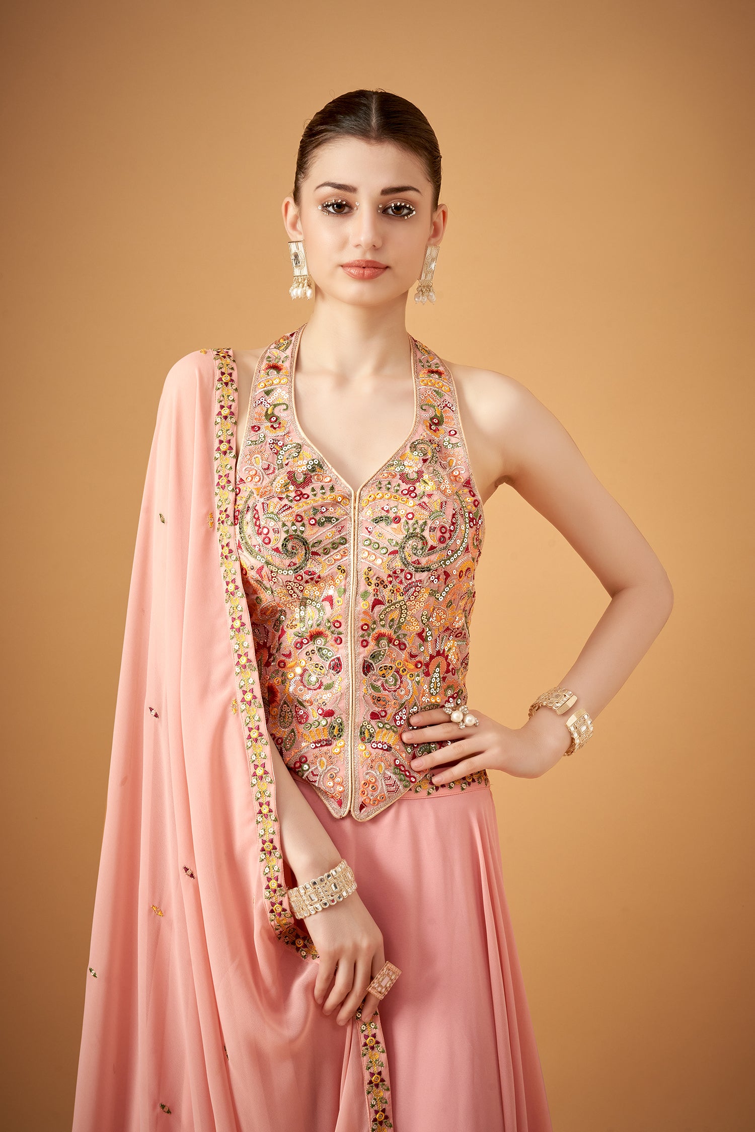 Pink Georgette Multicolored Embroidered Top With Umbrella Skirt
