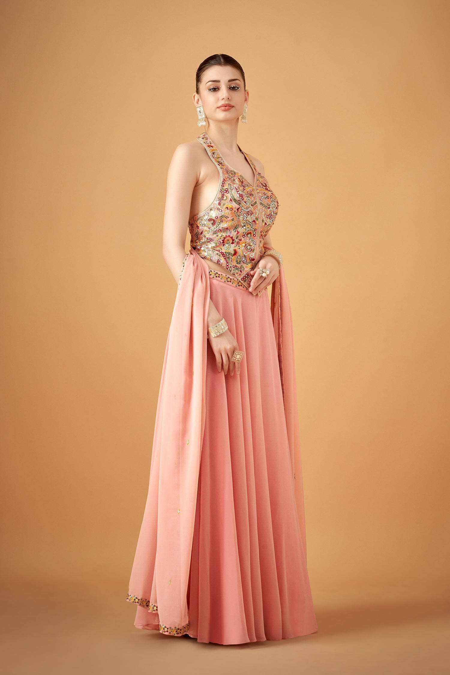 Pink Georgette Multicolored Embroidered Top With Umbrella Skirt