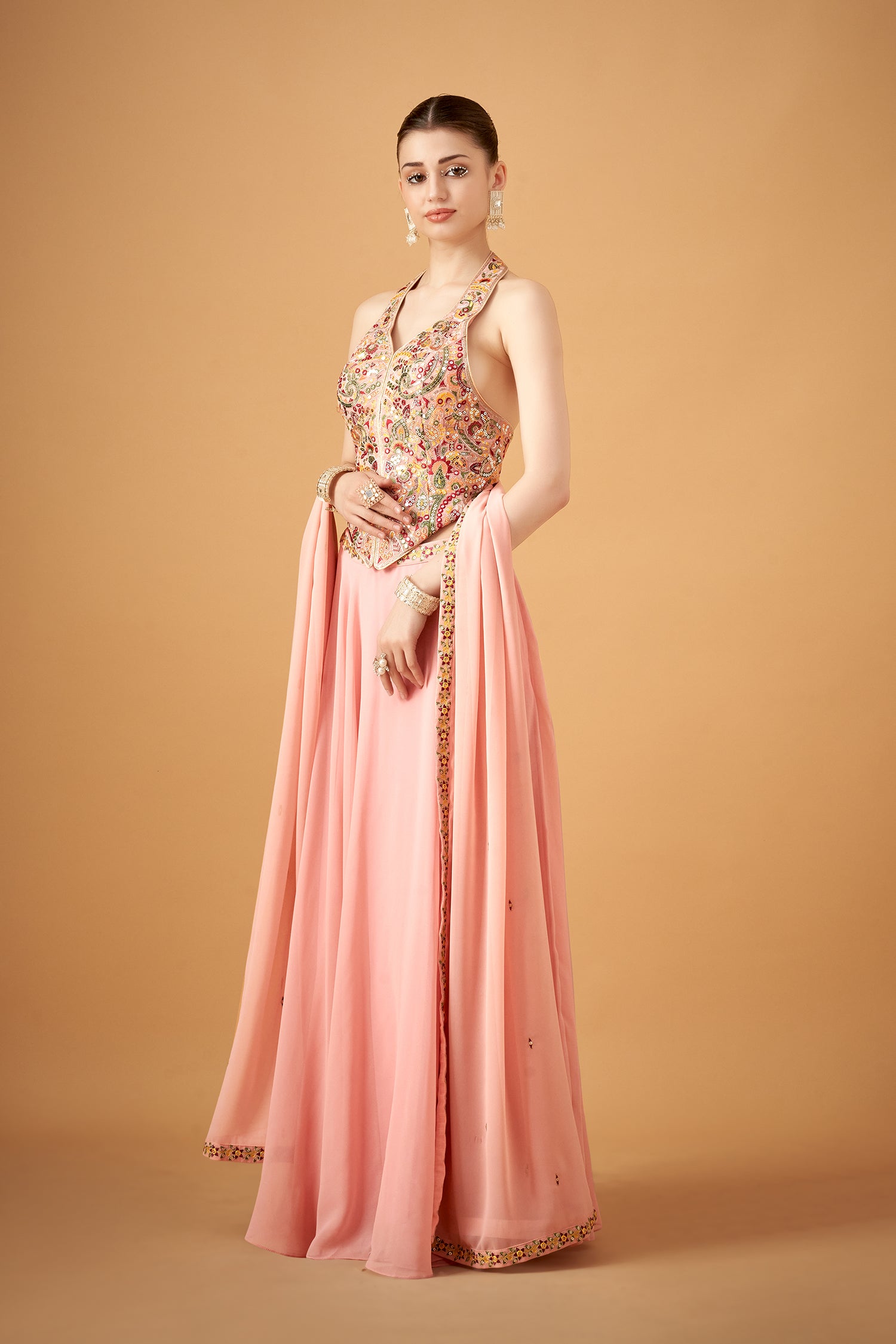 Pink Georgette Multicolored Embroidered Top With Umbrella Skirt