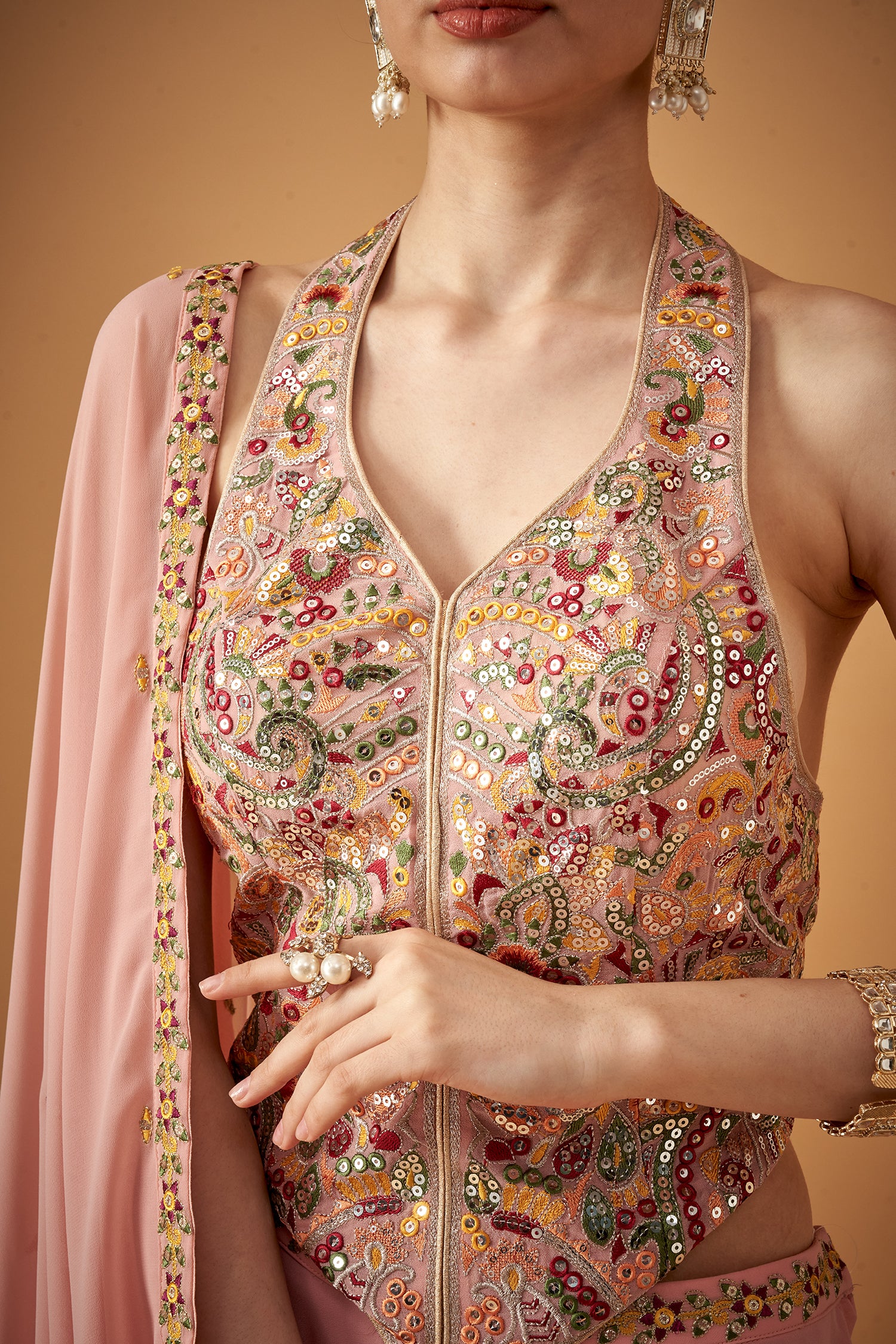 Pink Georgette Multicolored Embroidered Top With Umbrella Skirt