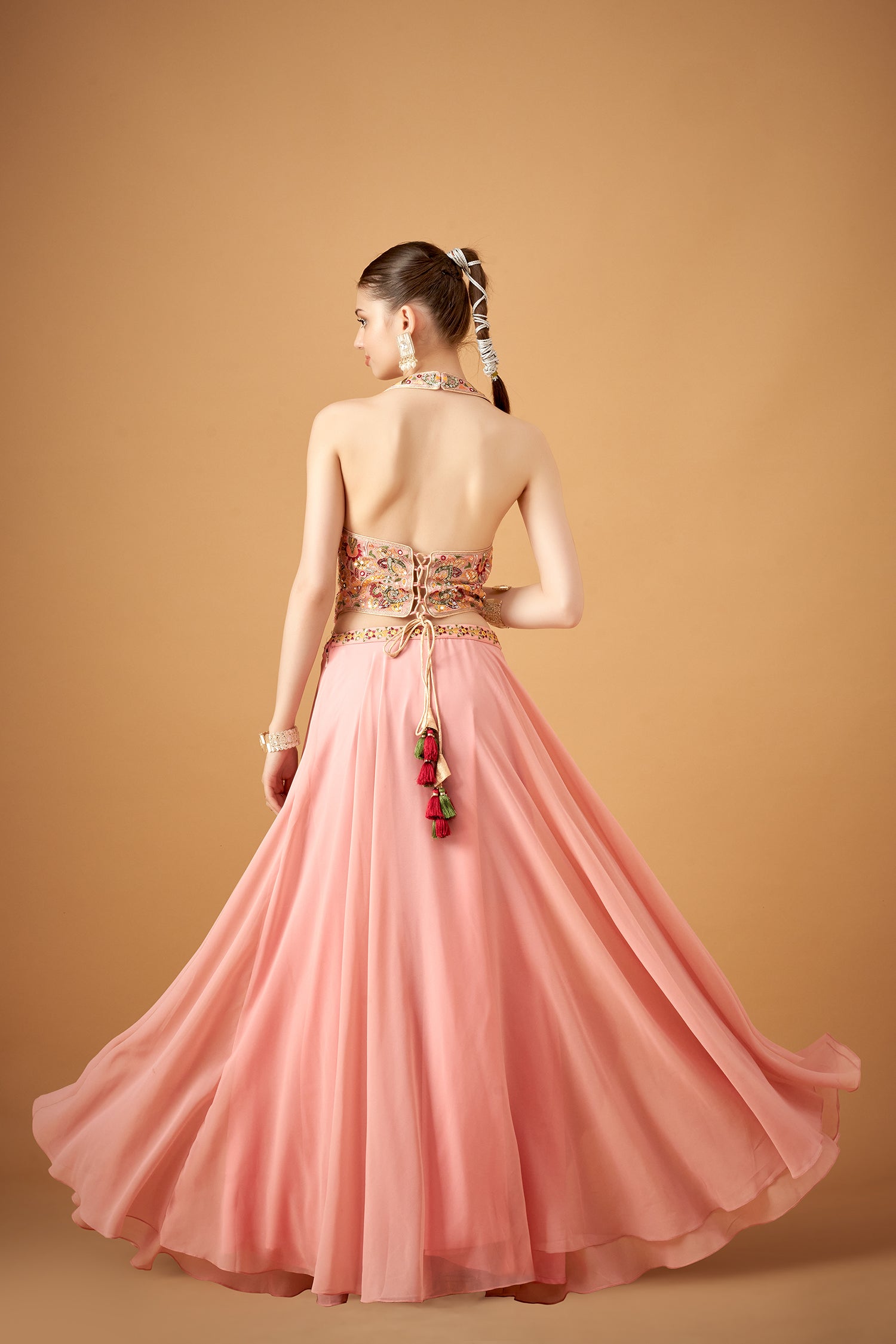 Pink Georgette Multicolored Embroidered Top With Umbrella Skirt