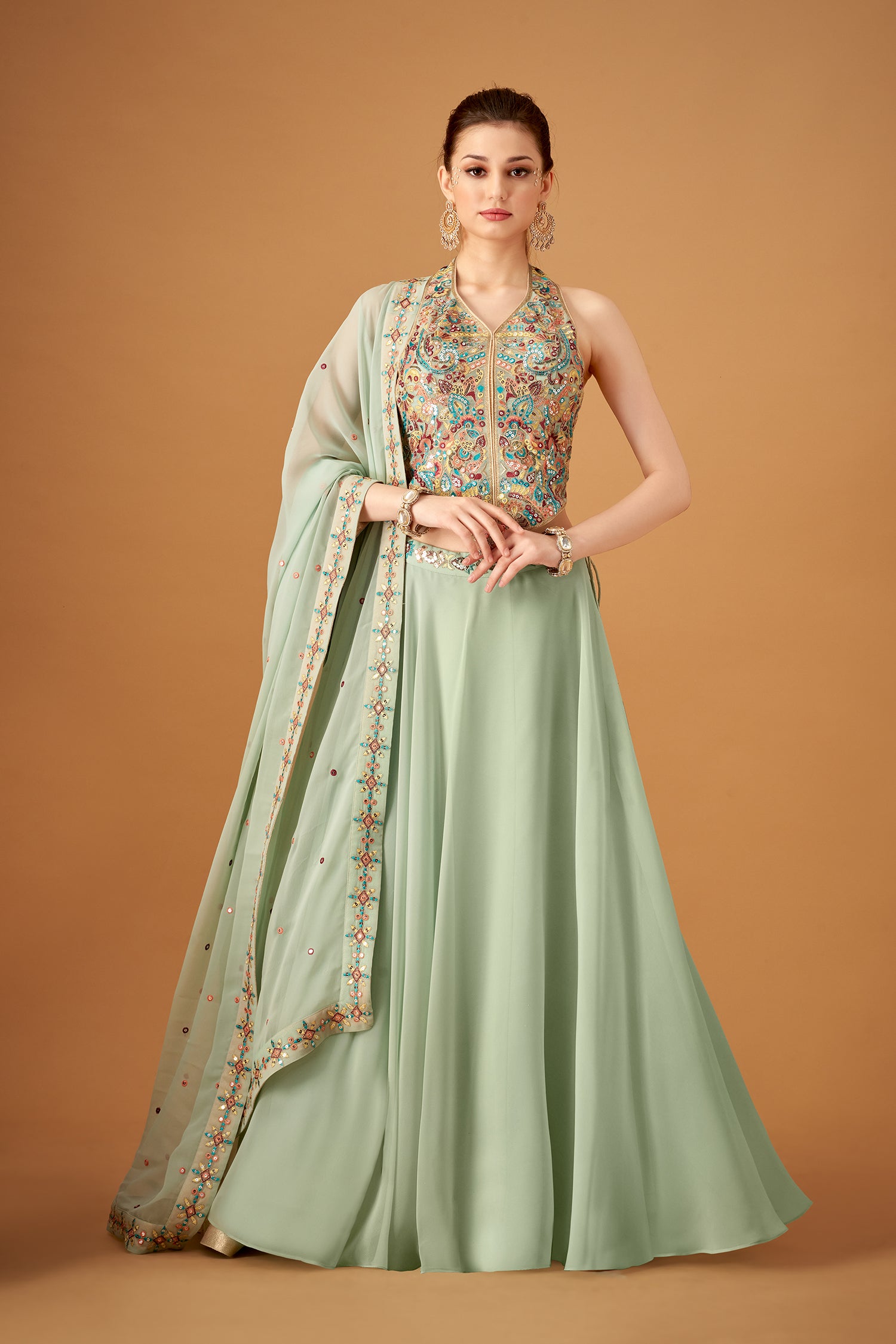 Pista Green Multicolored Embroidered Top With Umbrella Skirt