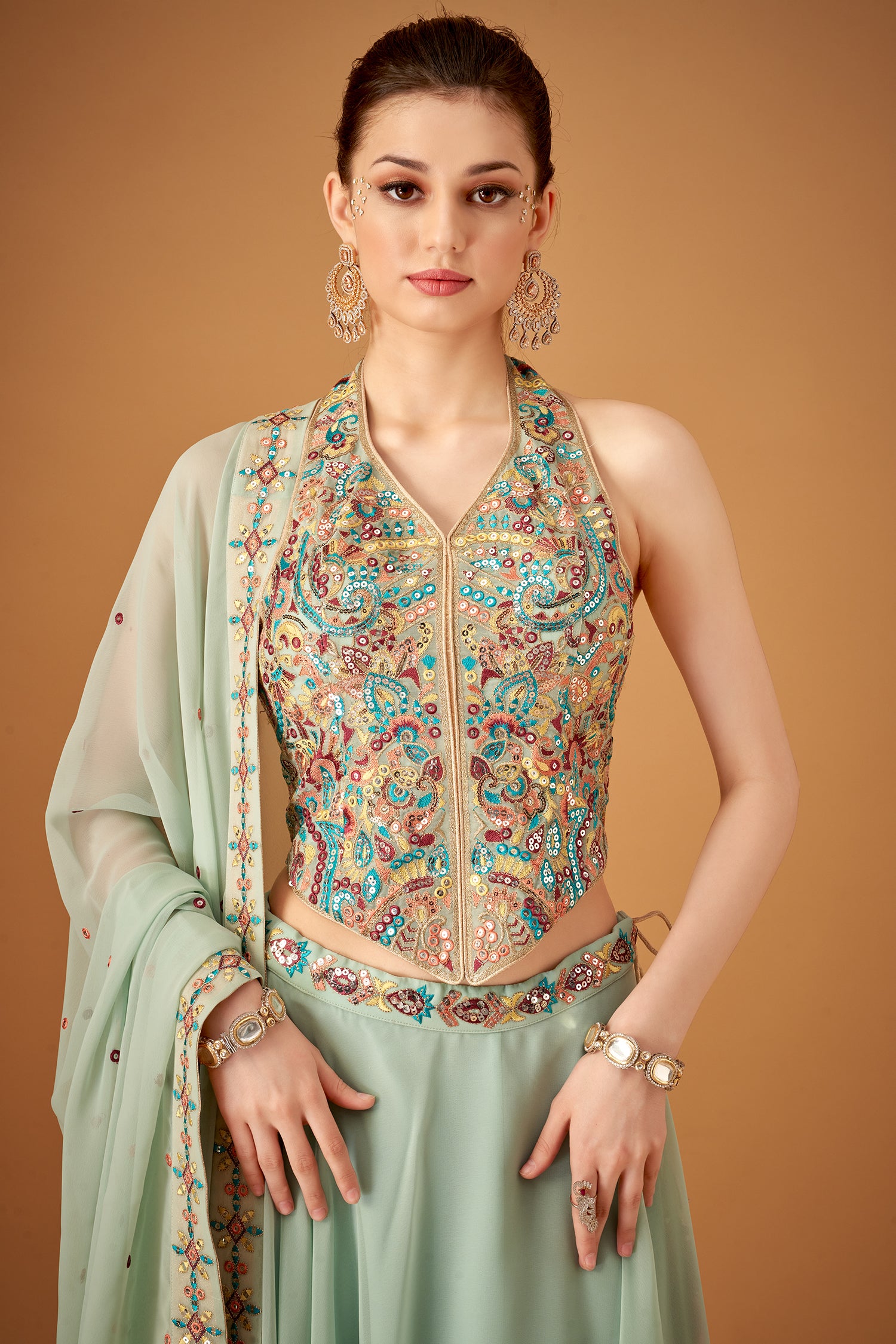 Pista Green Multicolored Embroidered Top With Umbrella Skirt