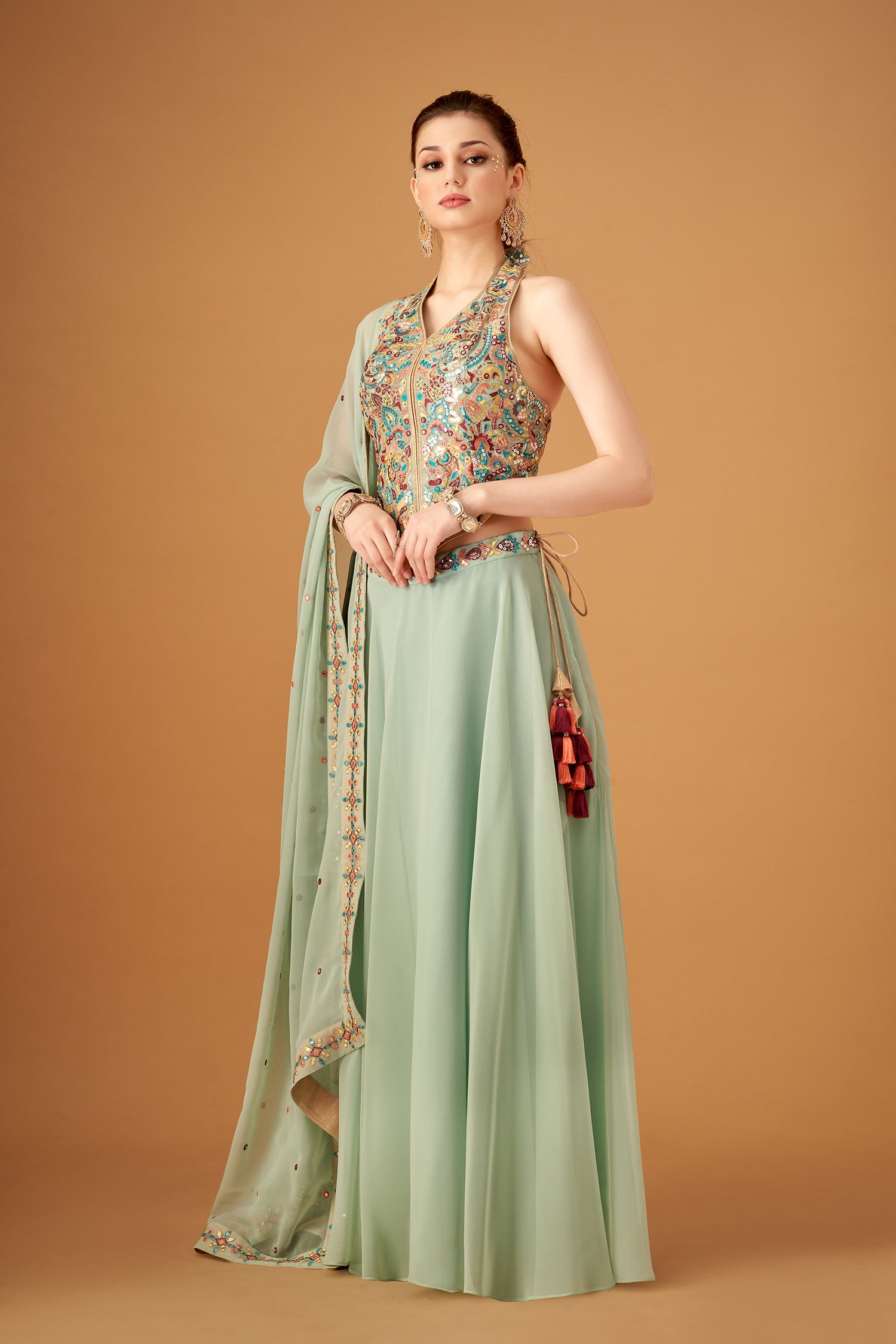 Pista Green Multicolored Embroidered Top With Umbrella Skirt